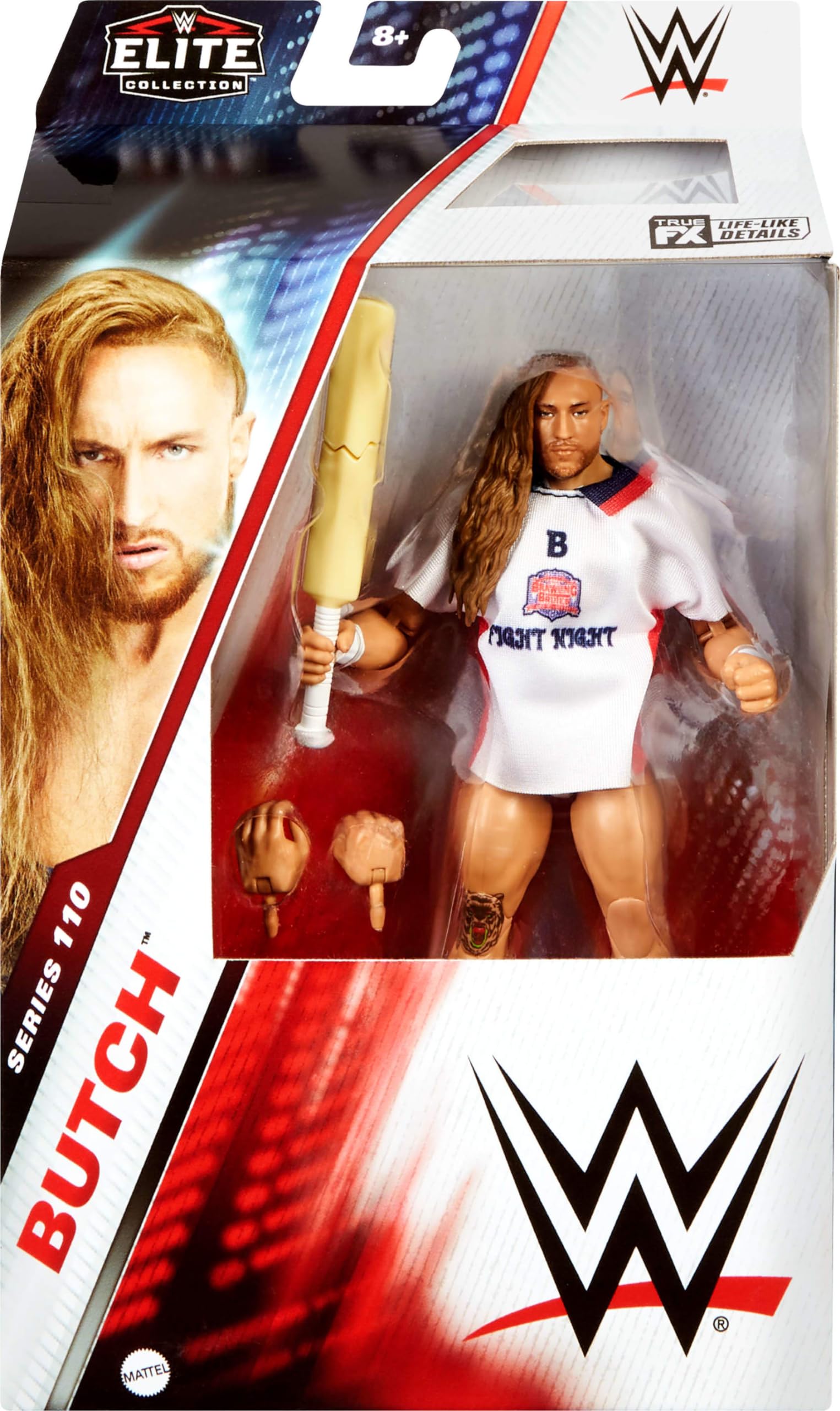 Mattel WWE Elite Series 110 Butch articulation highlight showing 25 movable joints for dynamic poses.