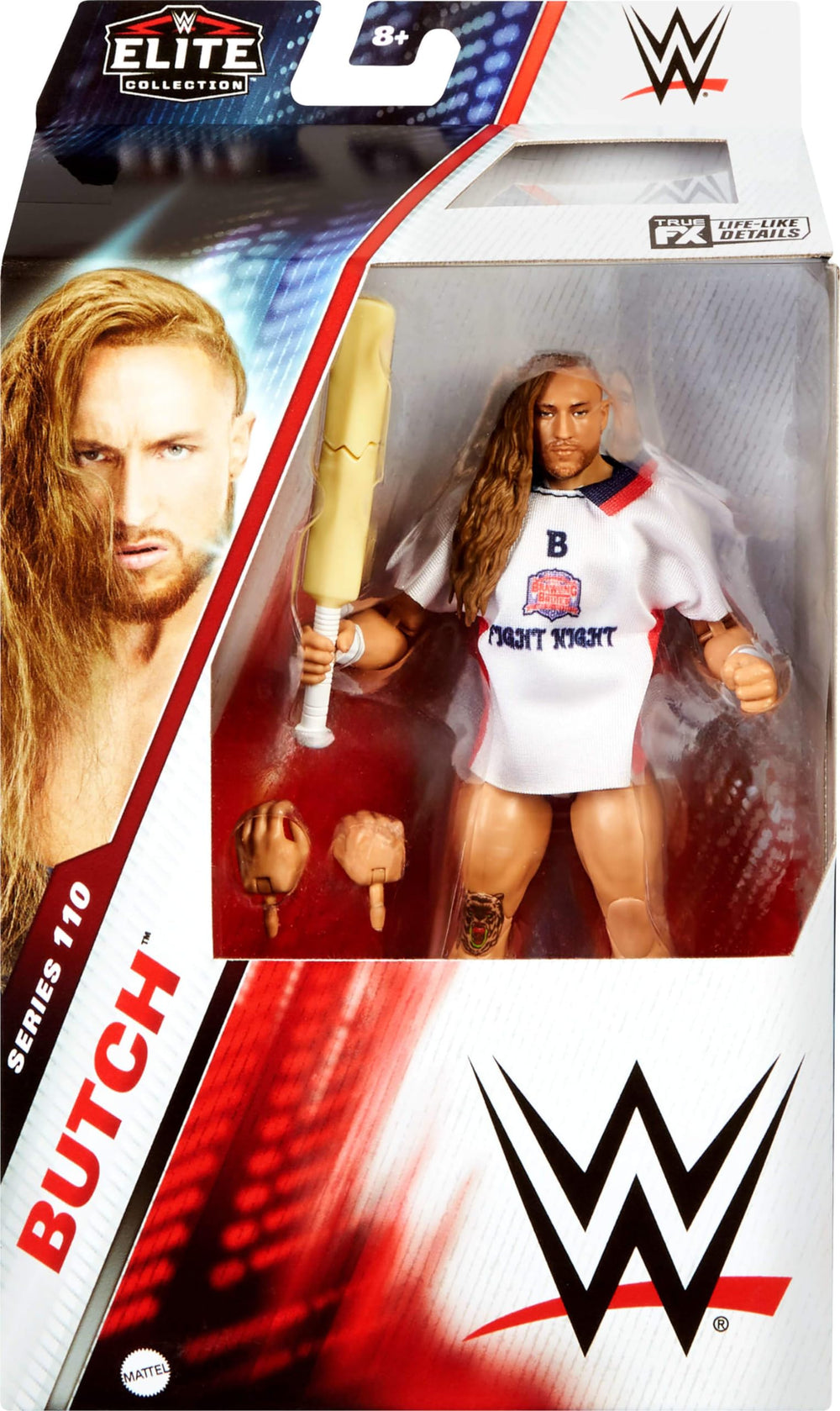 Mattel WWE Elite Series 110 Butch articulation highlight showing 25 movable joints for dynamic poses.