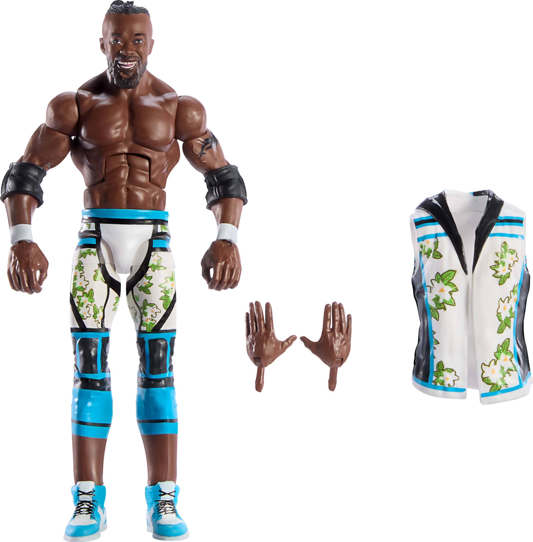 Mattel WWE Elite Kingston figure pose showcases 25 articulation points for dynamic display