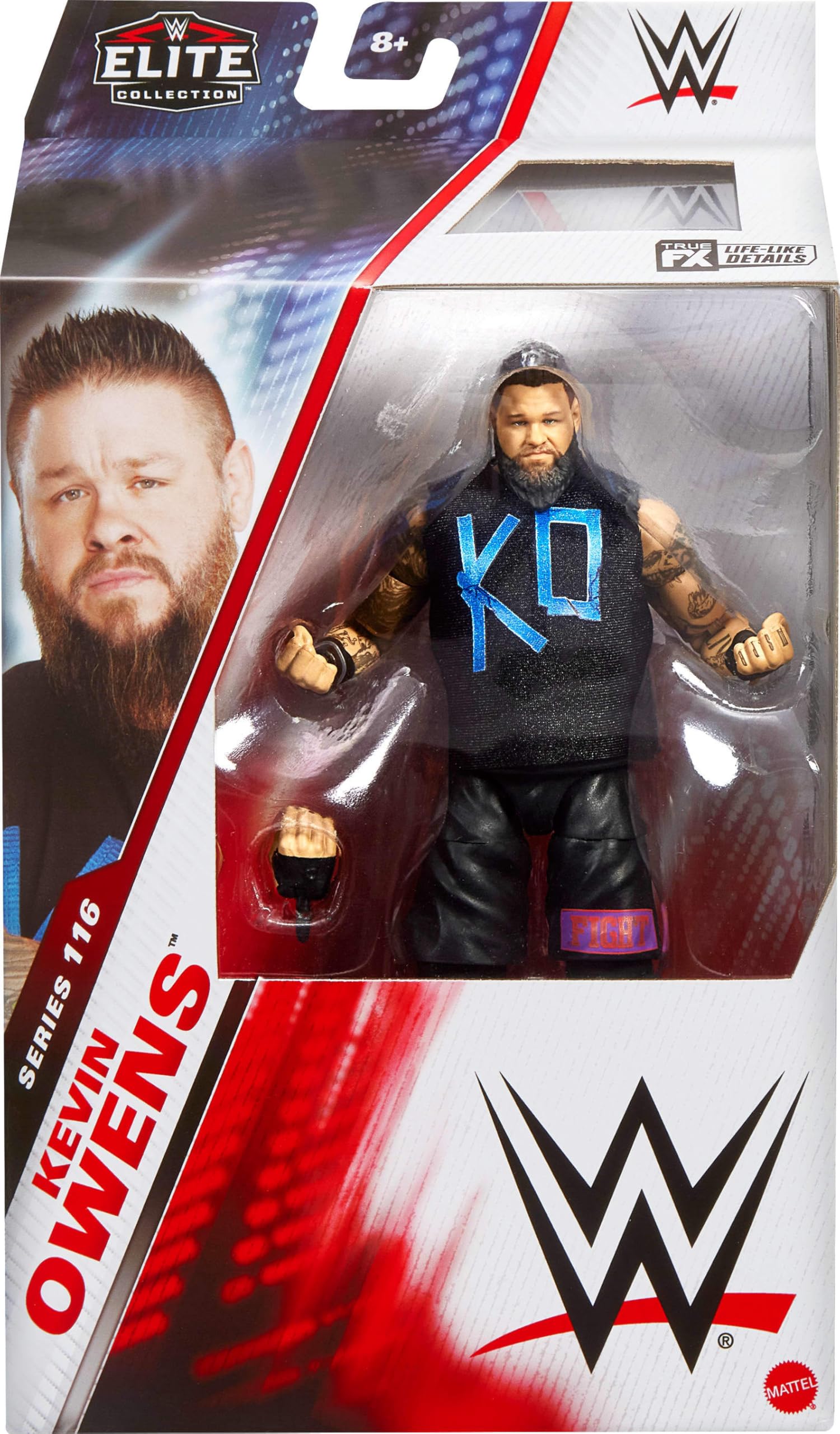 Mattel WWE Elite Kevin Owens figure articulation close-up showing 25 points of movement