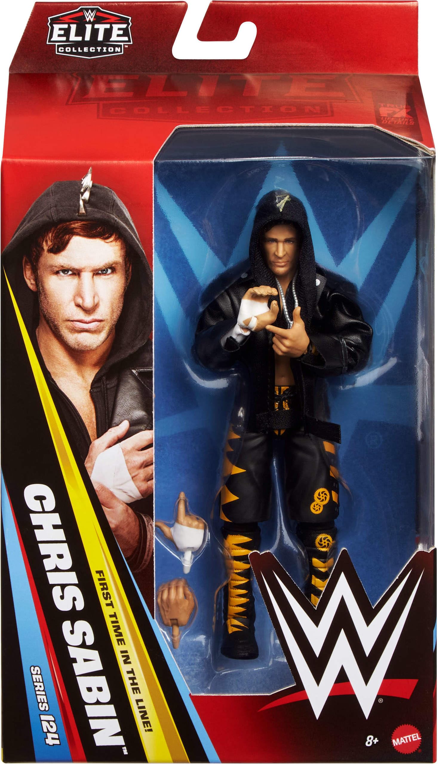 Mattel WWE Elite Chris Sabin figure highlights 25 articulation points for dynamic posing.