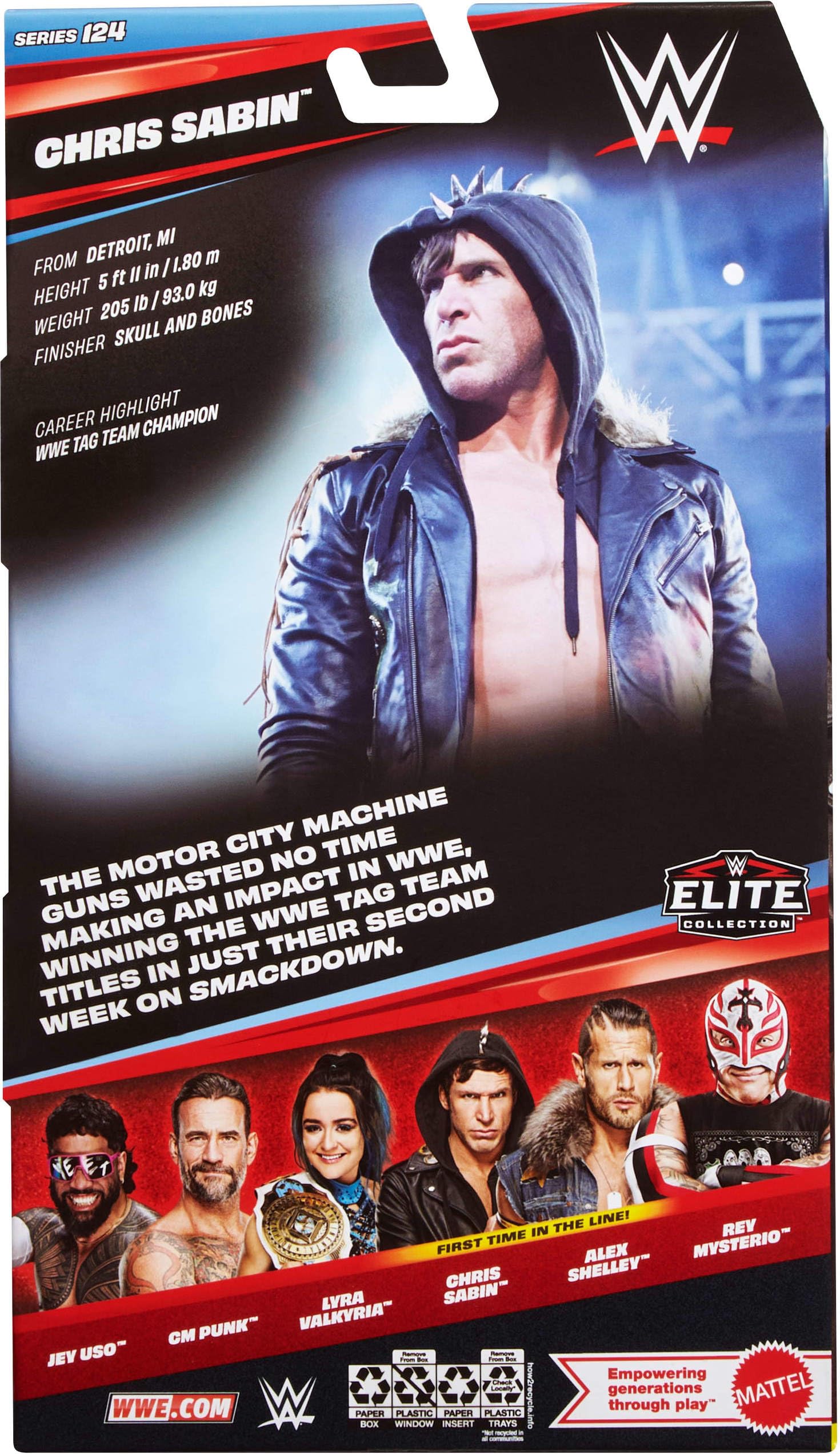 Mattel WWE Elite Chris Sabin figure in a collector-display pose from Series 124.