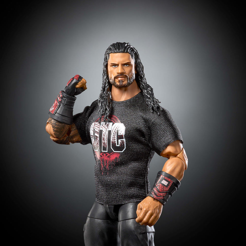 Mattel WWE Elite Roman Reigns figure shows 25 articulation points for pose versatility.