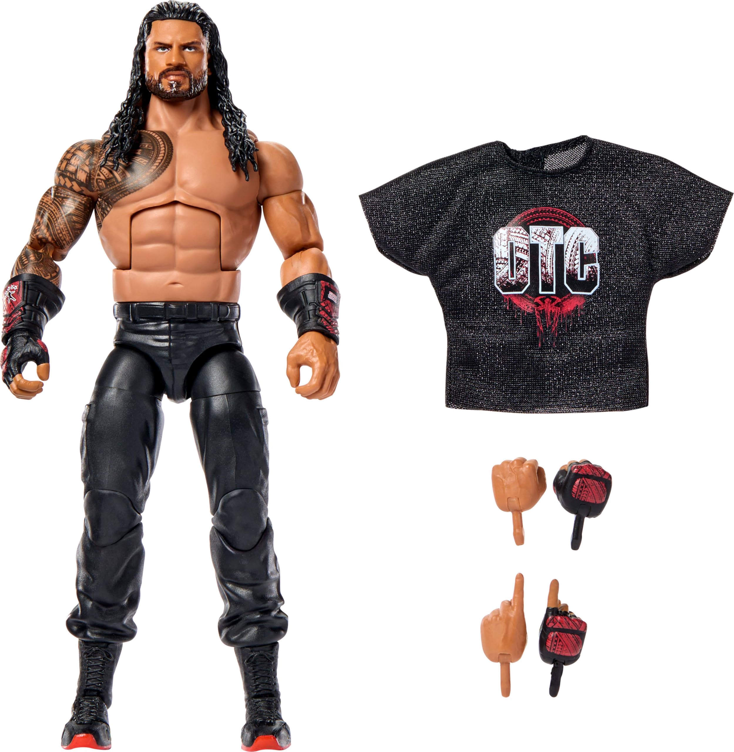 Mattel WWE Elite Roman Reigns figure front view with detailed sculpt for display.
