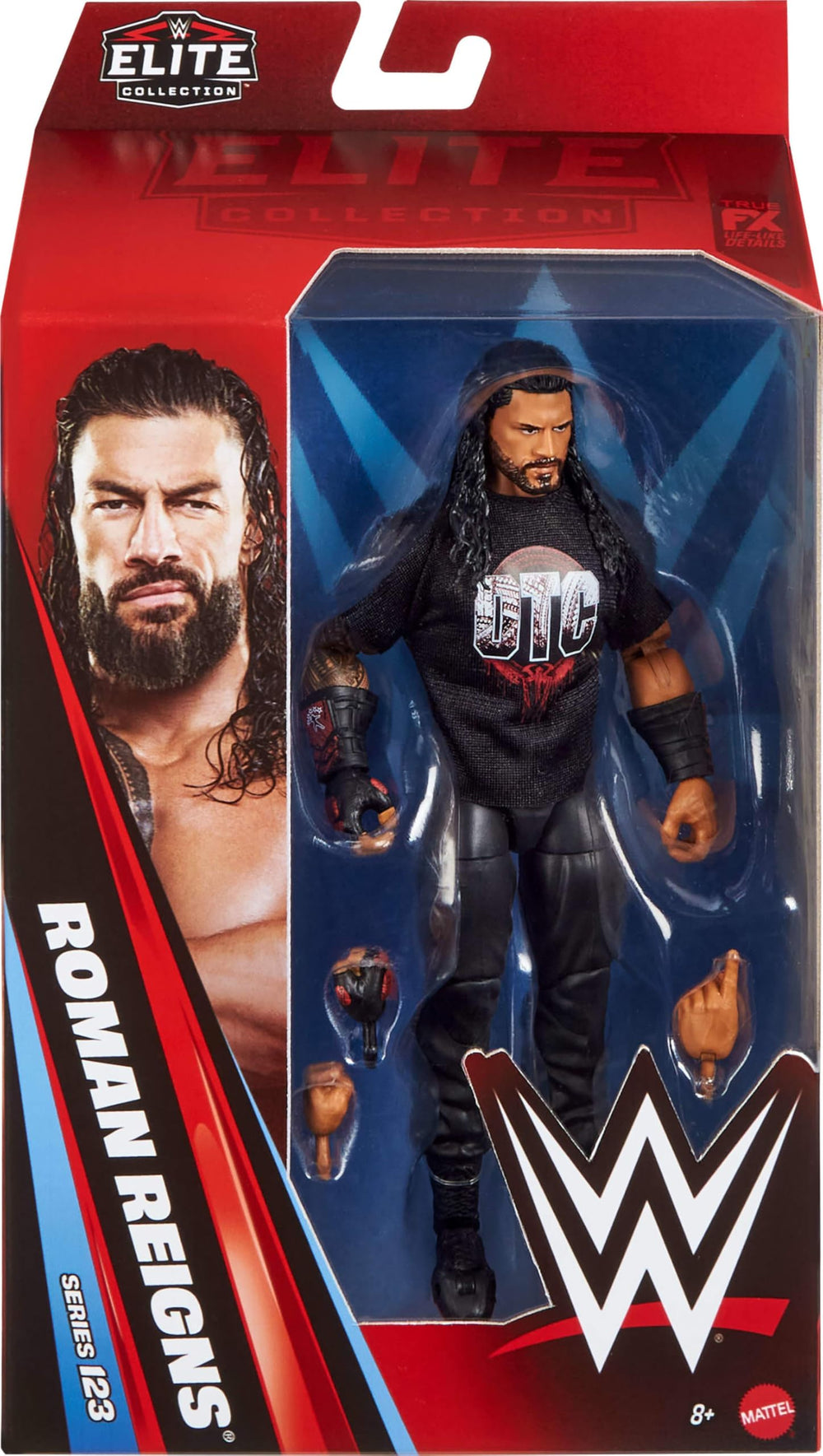 Mattel WWE Elite Roman Reigns figure side pose for dynamic display and play.