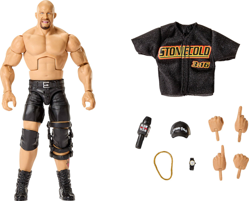 Mattel WWE Elite Stone Cold Austin figure front view for display and posing.