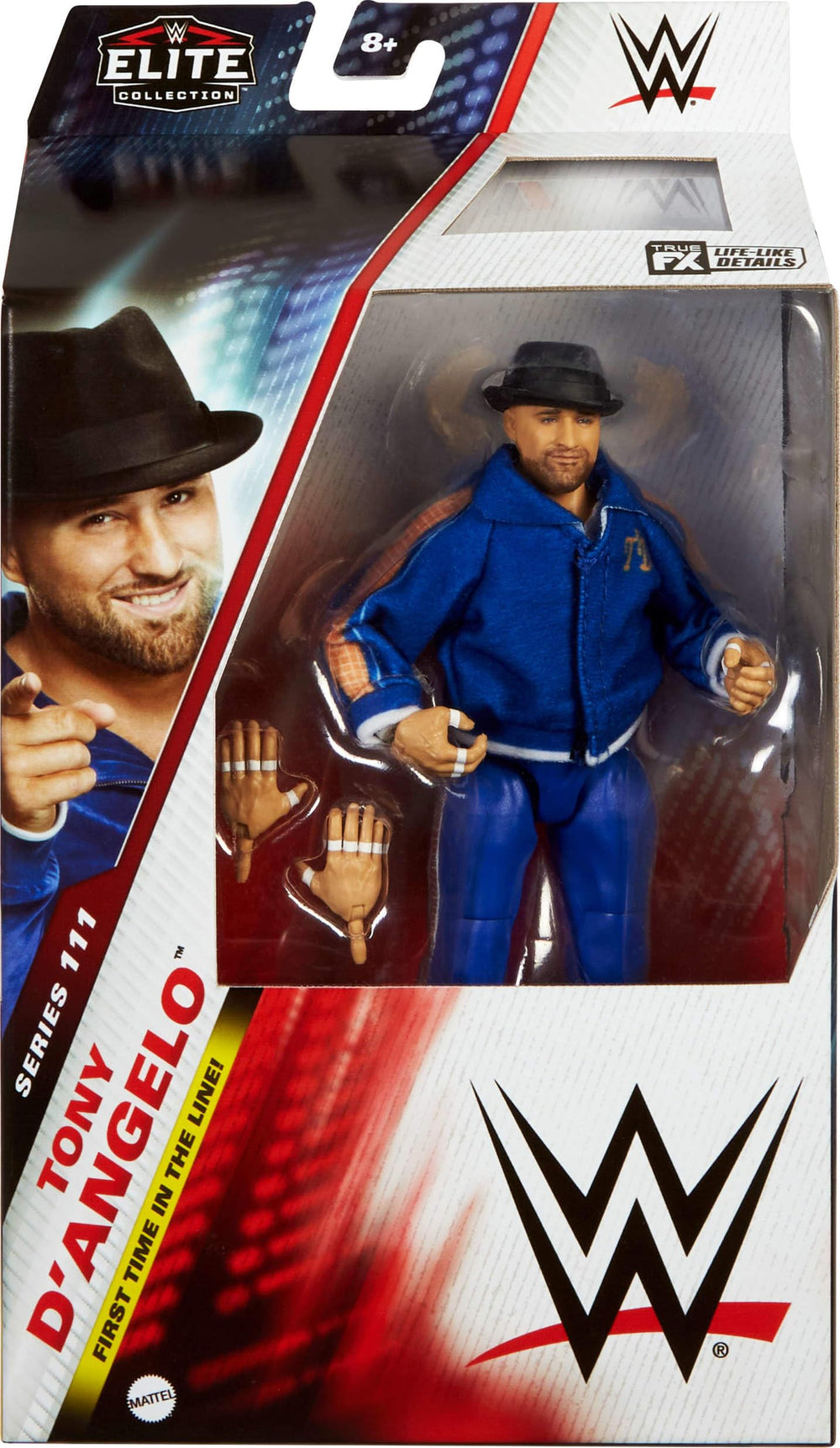 Mattel WWE Tony D’Angelo figure display highlighting 25 articulation points for dynamic posing.