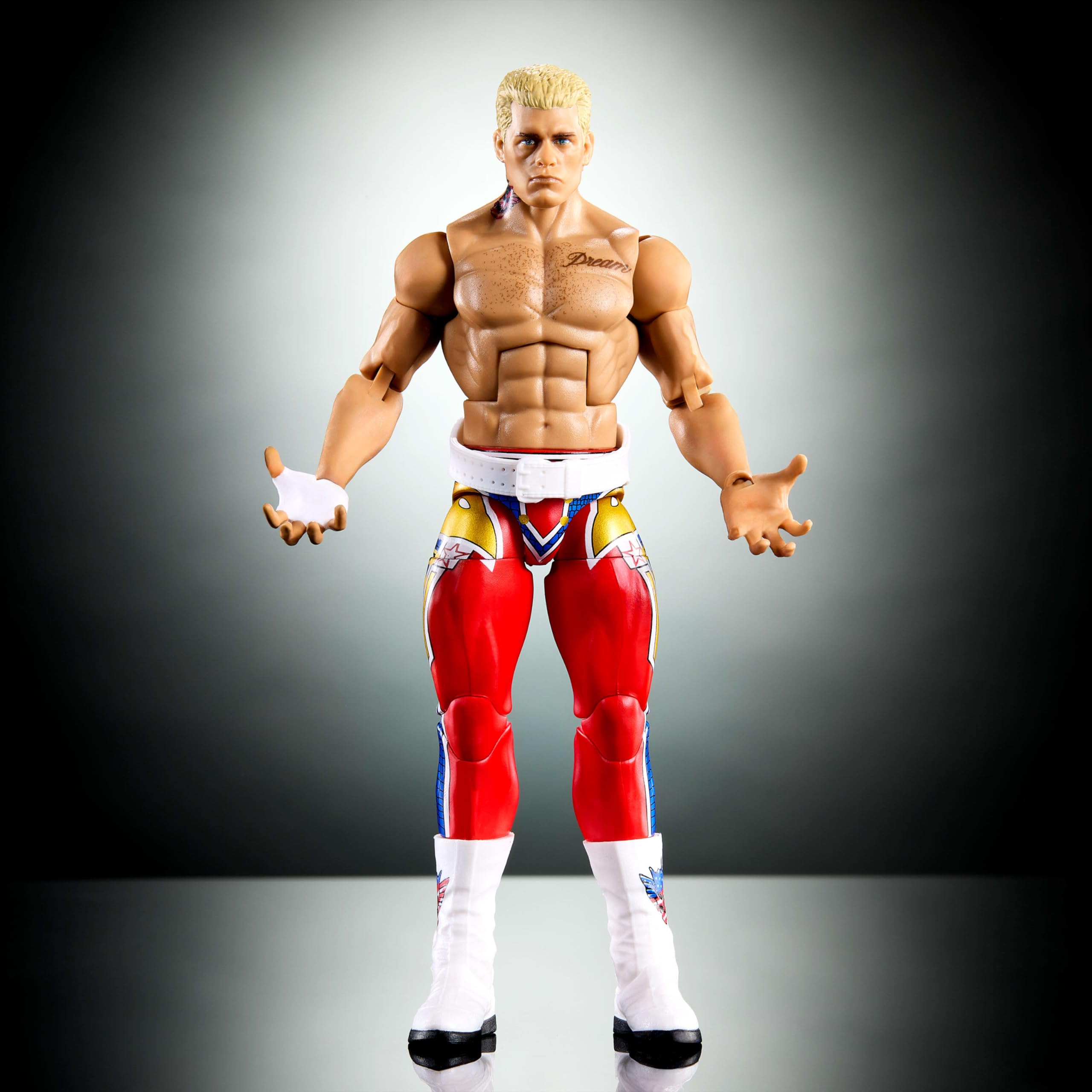 Mattel WWE Elite Cody Rhodes packaging highlights collectible details for display.