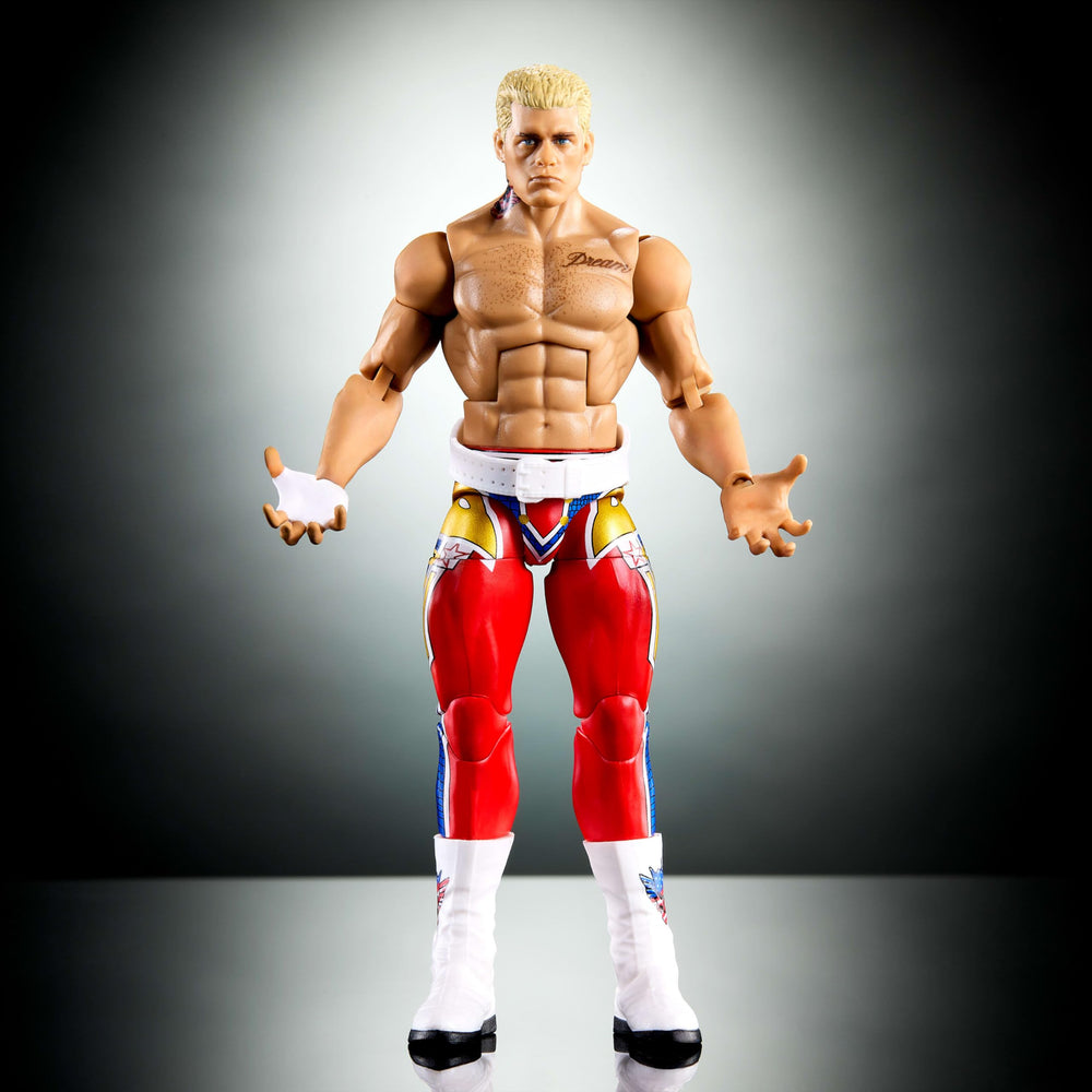Mattel WWE Elite Cody Rhodes packaging highlights collectible details for display.