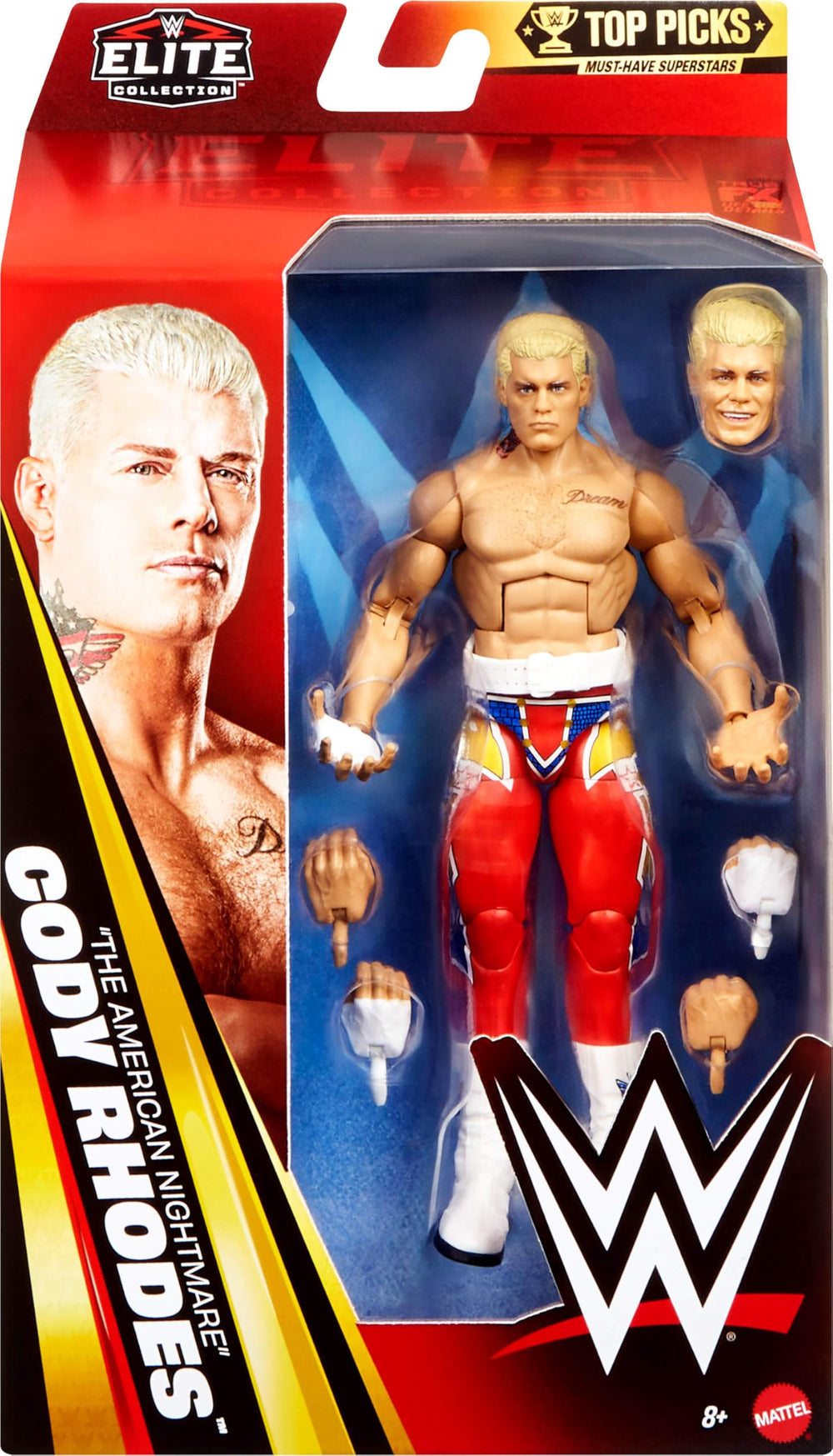 Mattel WWE Elite Cody Rhodes with swappable hands for customizable poses.