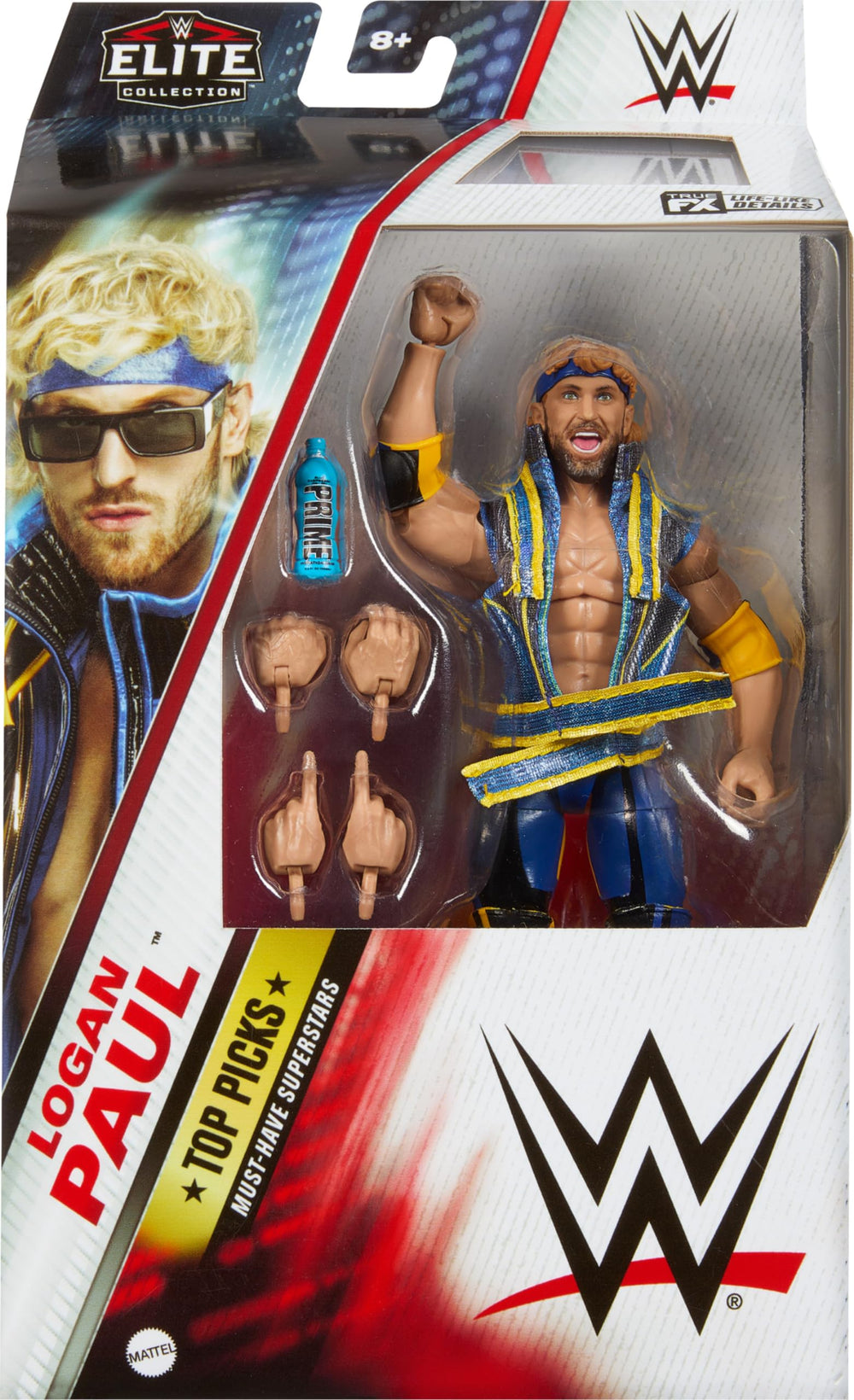 Mattel WWE Elite Top Picks Logan Paul swappable hands kit enables dynamic poses.