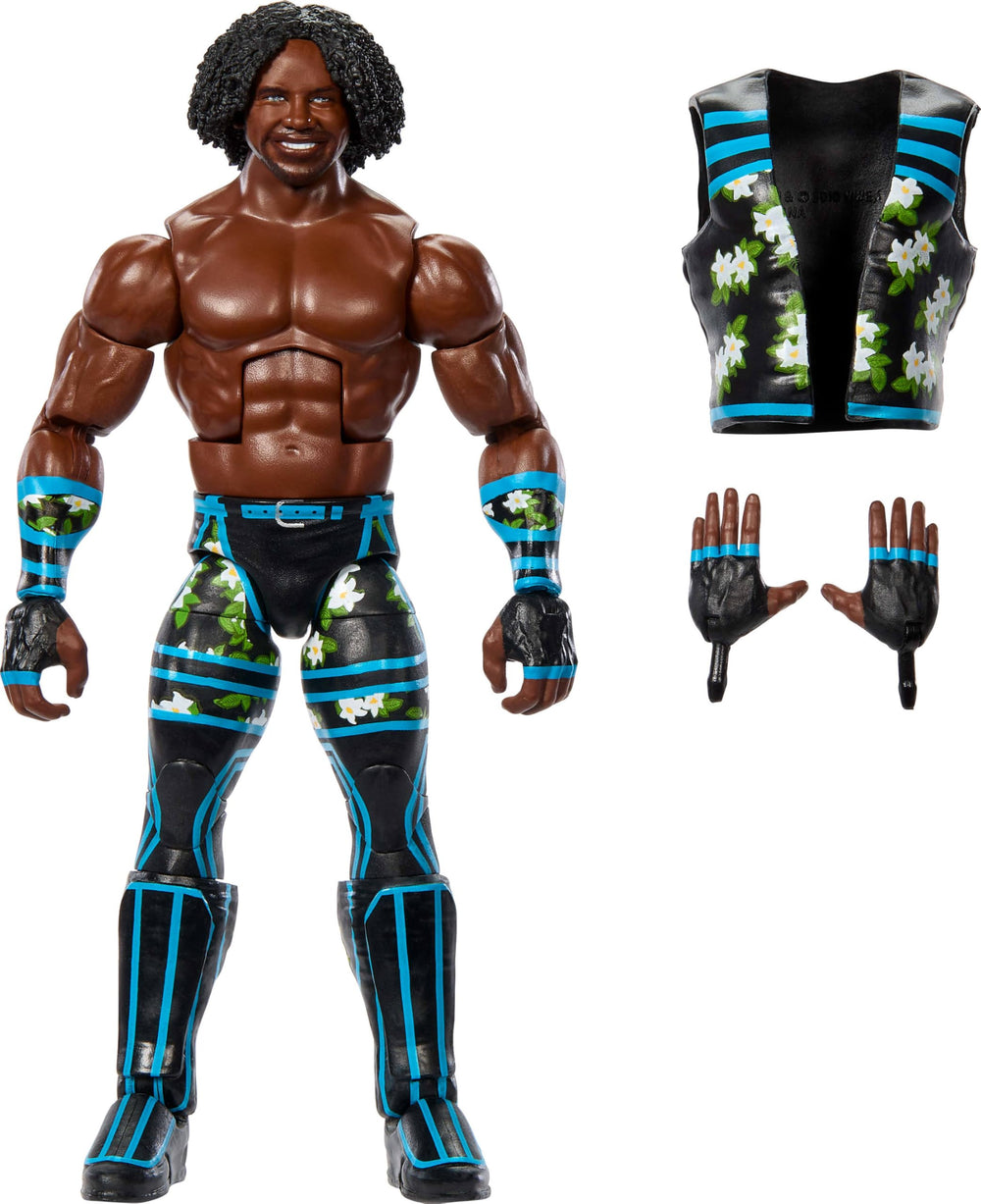 Mattel WWE Elite Xavier Woods figure with realistic face detail for authentic display.