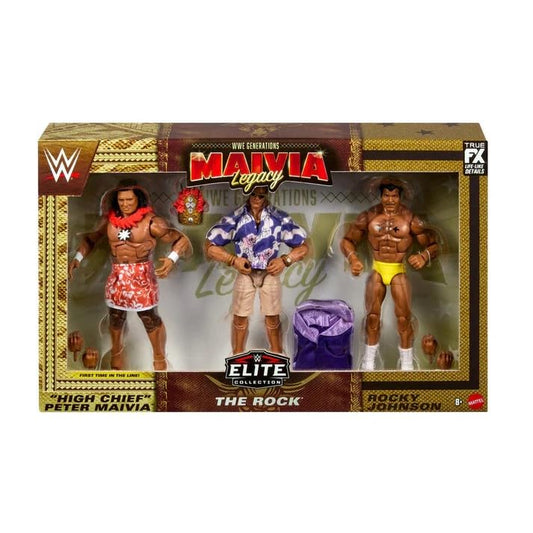 Mattel WWE The Rock three-figure pack front view, ideal for display and collection