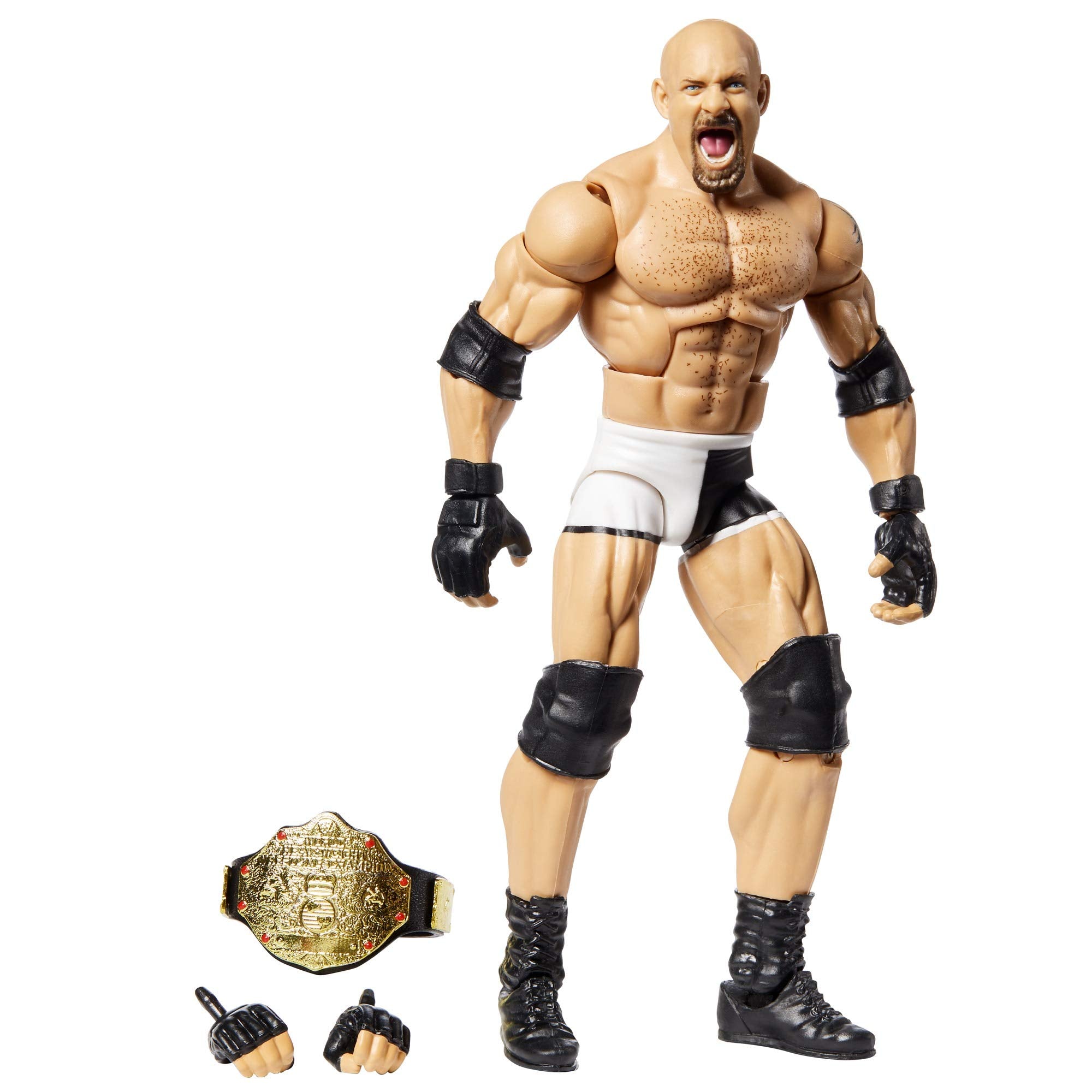 Mattel WWE Goldberg Elite Series 74 figure front view with TrueFX detailing for display.