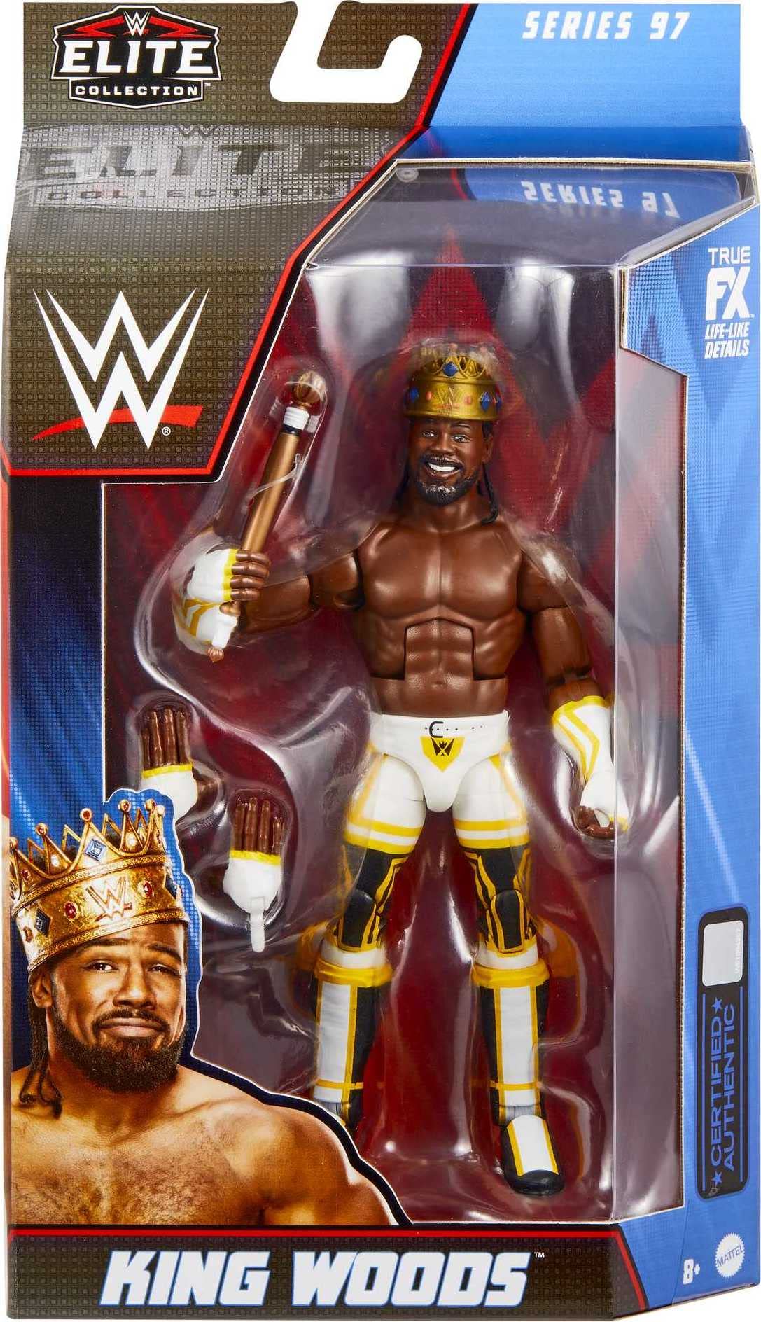 Gift-ready Mattel WWE King Woods Elite figure for collectors and kids.