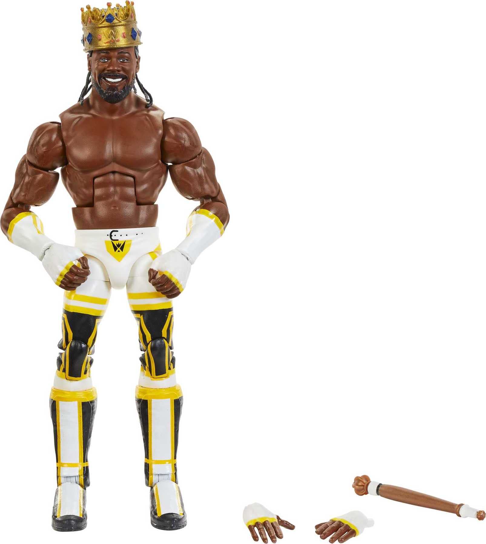 Mattel WWE King Woods Elite figure pose for dynamic action and lifelike display.
