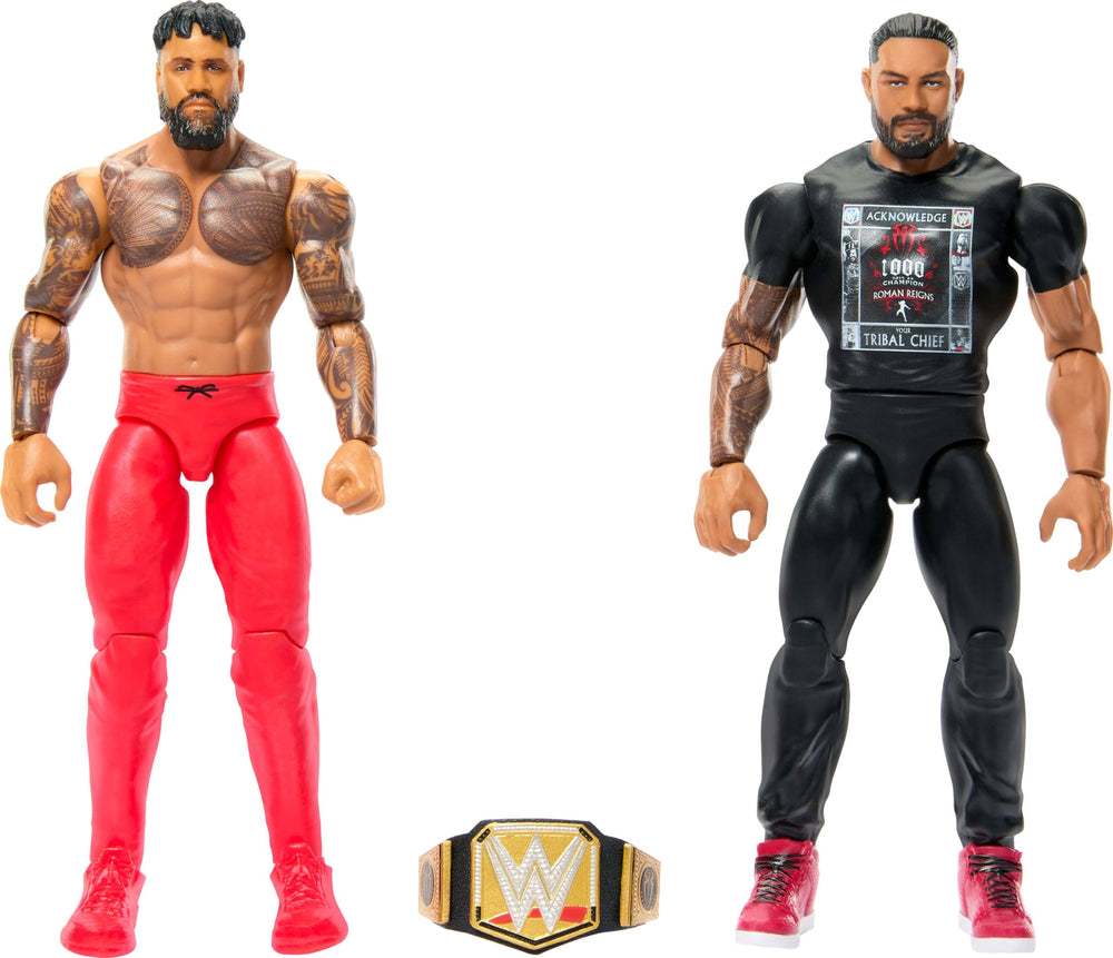 Mattel WWE Main Event Roman Reigns and Jey USO front view for dynamic display and play.