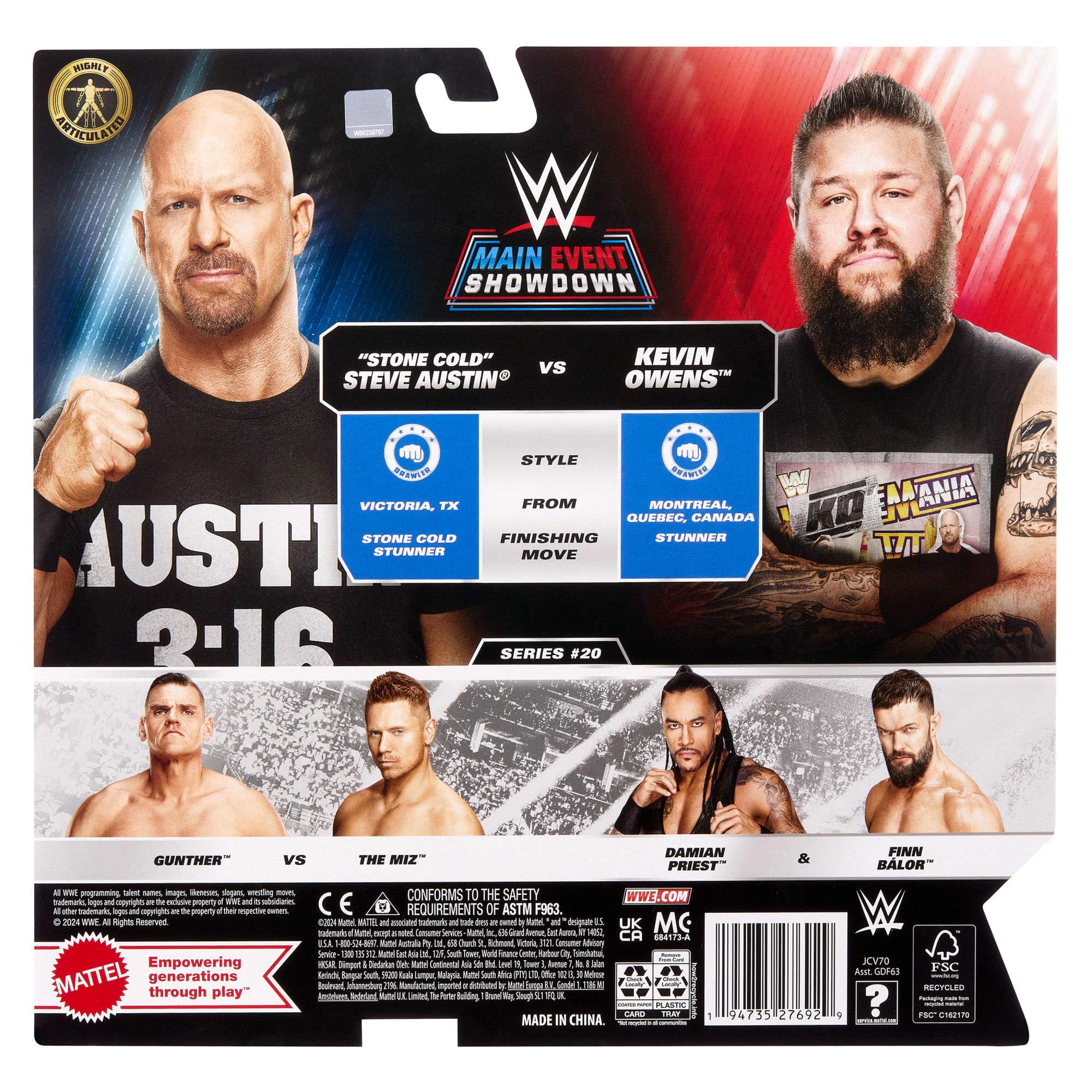Mattel WWE Main Event two-pack ideal for display shelves and collection expansion.