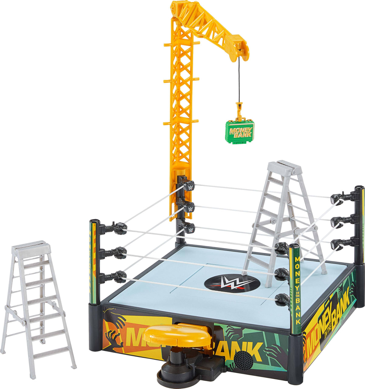 Mattel WWE Money in the Bank playset overview shows dramatic ring scale.