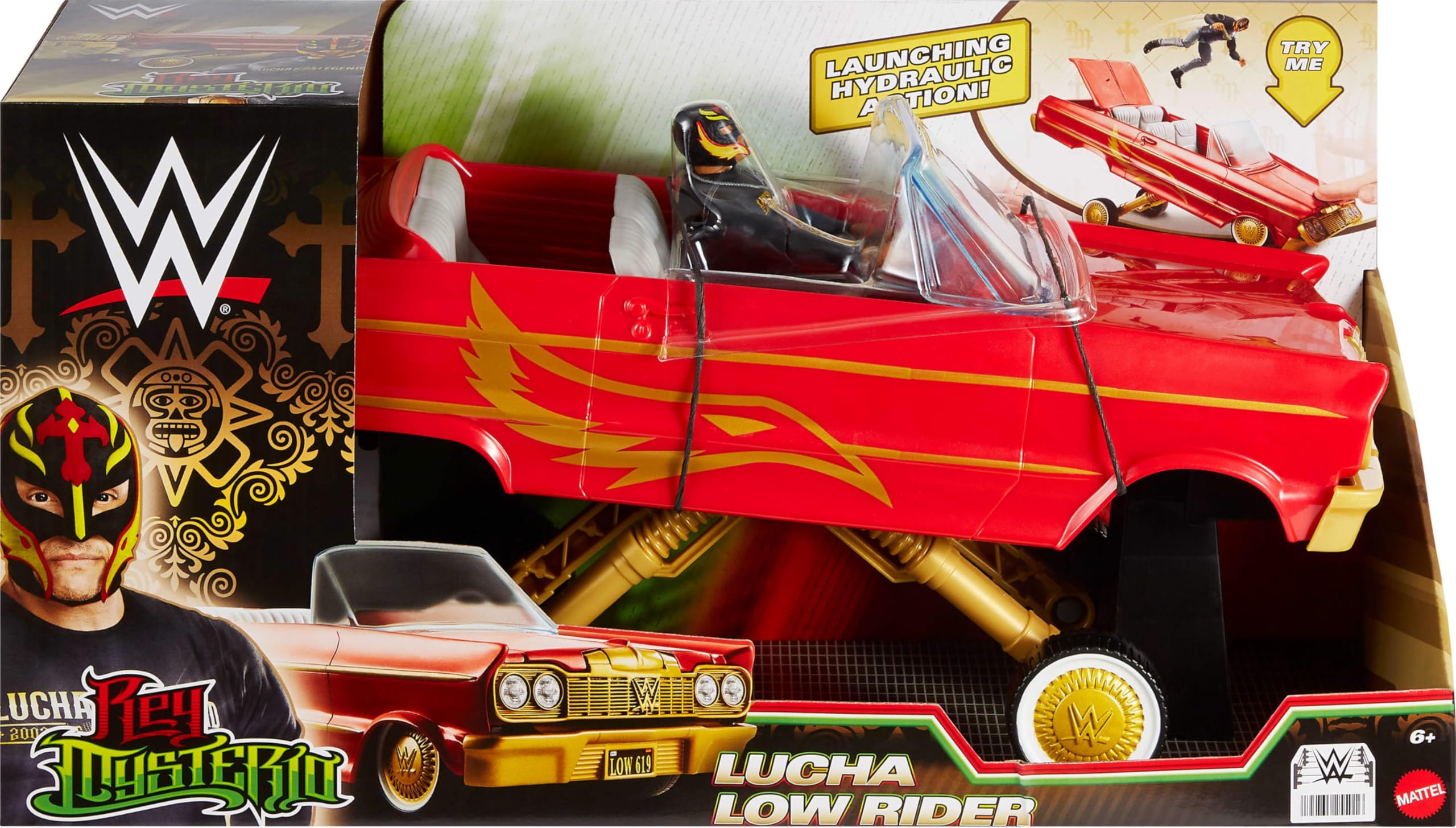 Mattel WWE Rey Mysterio figure and Lucha Low Rider spark imaginative entrances and matches.