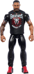 Mattel WWE Roman Reigns figure front view with authentic ring gear for display and action.
