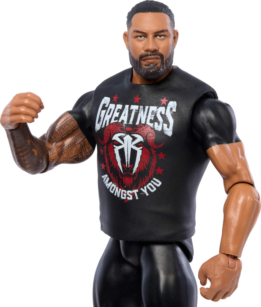 Mattel WWE Roman Reigns TrueFX face detail enables lifelike presence on shelf.