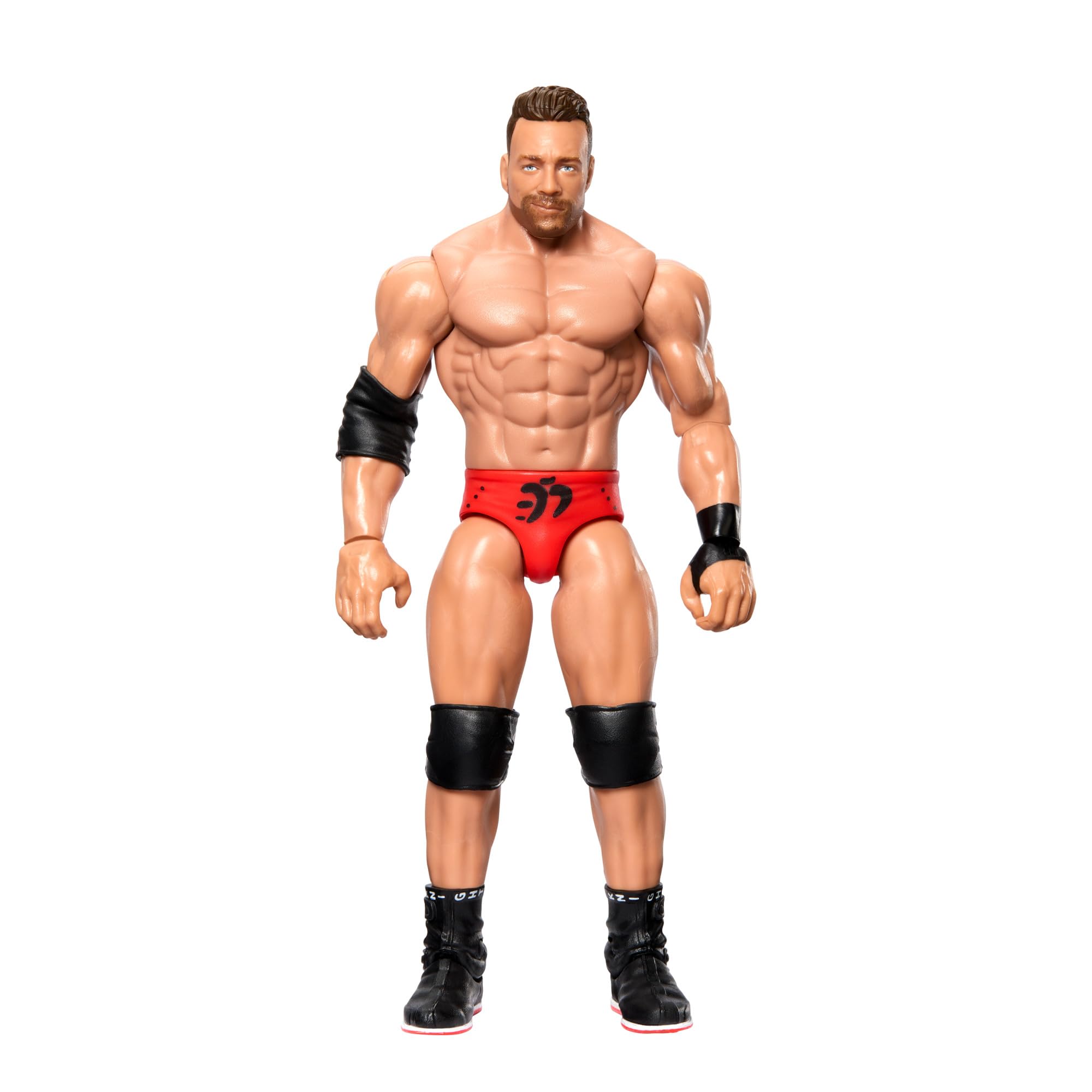 Mattel WWE Series 141 LA Knight figure front view with authentic ring gear for display.