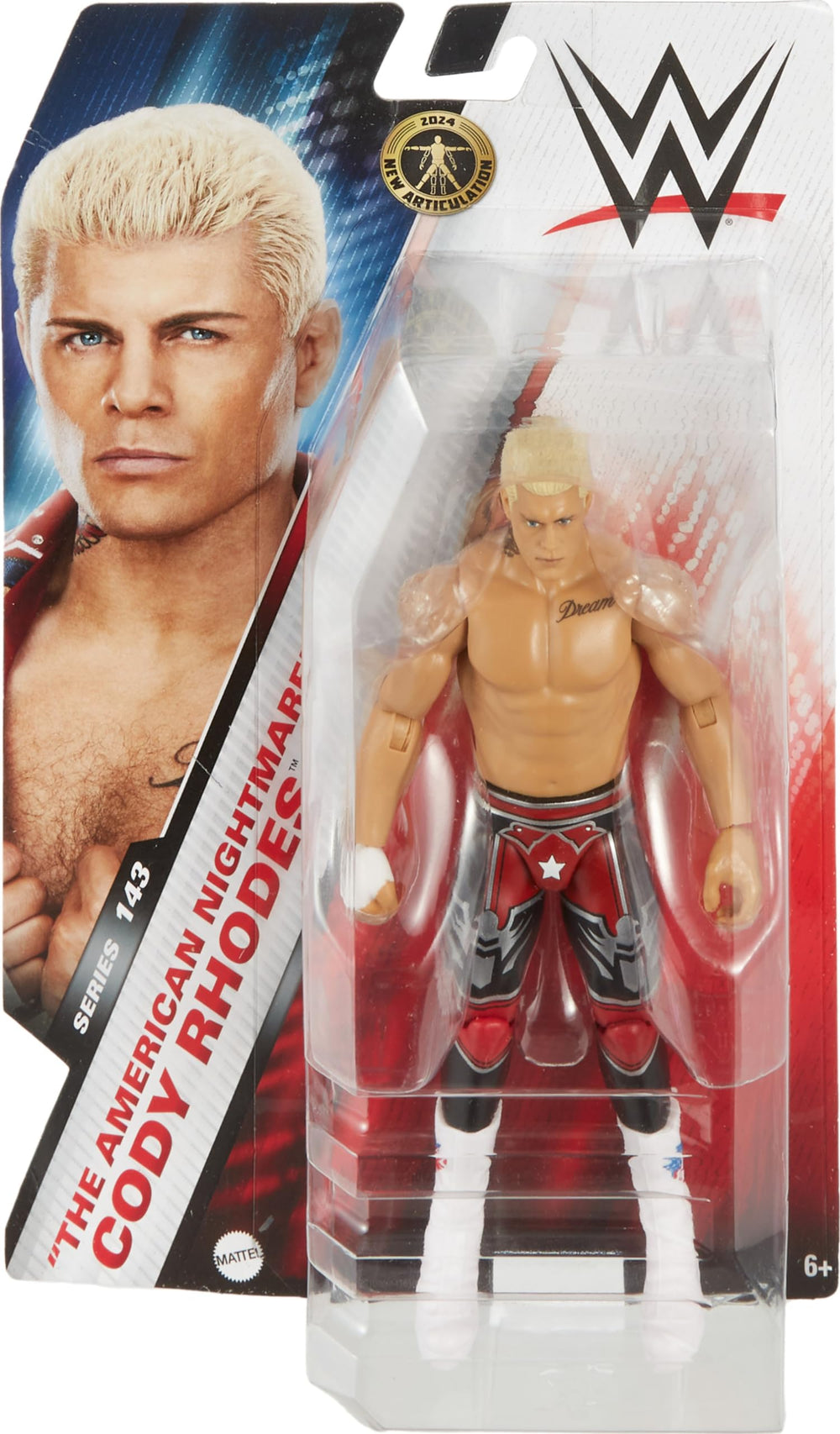 Mattel WWE Cody Rhodes TrueFX face detail enhances lifelike storytelling and posing.