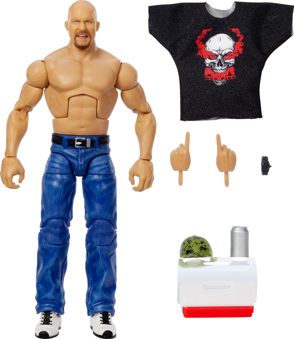 Mattel WWE Stone Cold figure front view showing 6-inch elite scale for display and poseable play