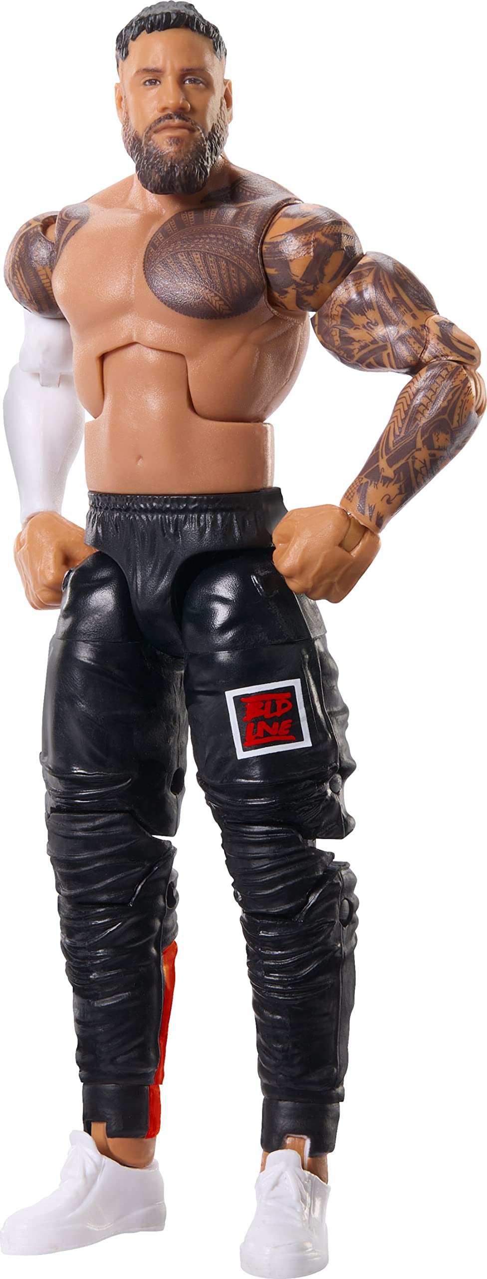Mattel WWE Jey Uso figure includes Mr. Perfect BAF parts for collection building.