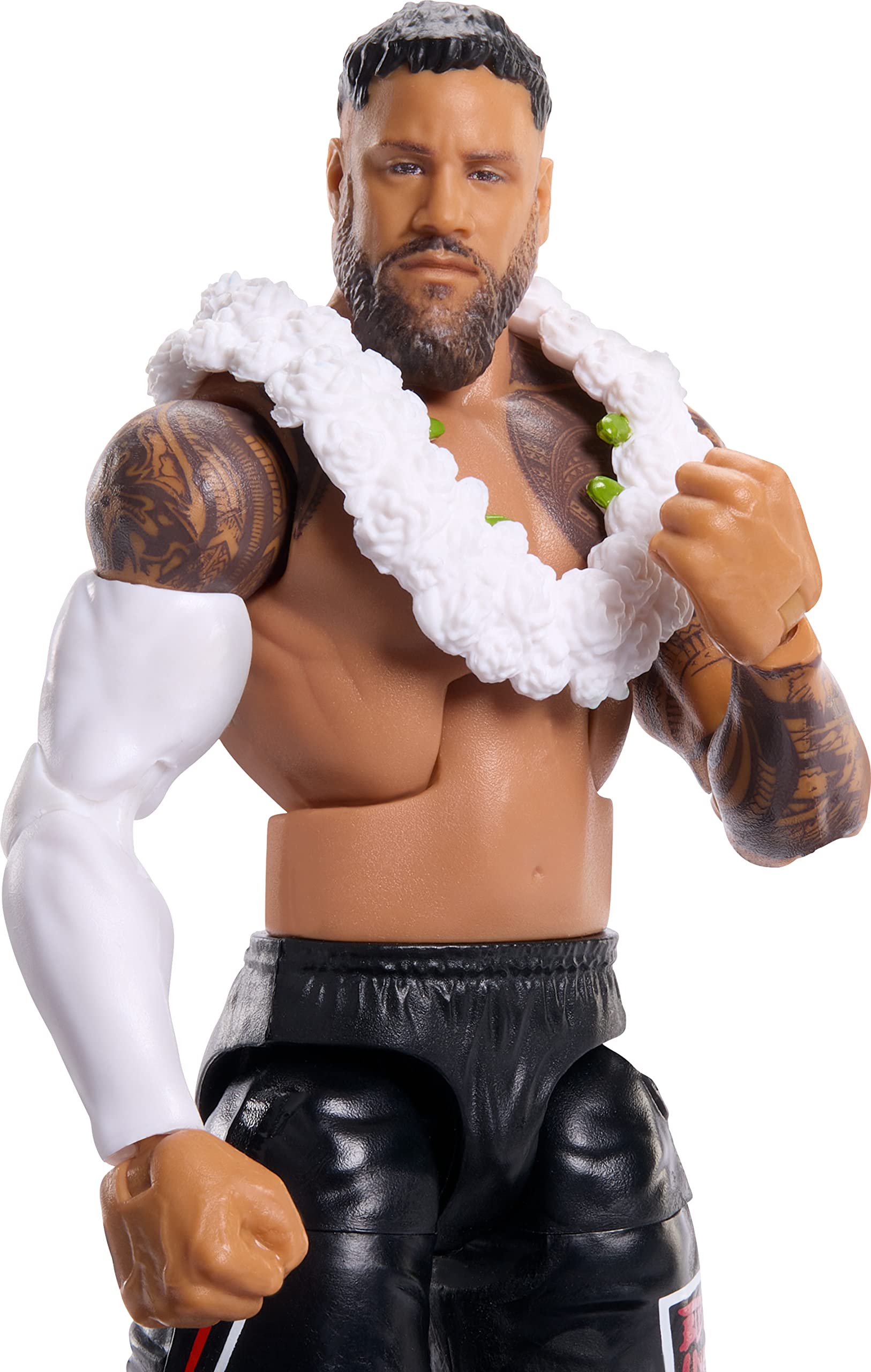 Mattel WWE Jey Uso figure shows TrueFX details for lifelike texture.