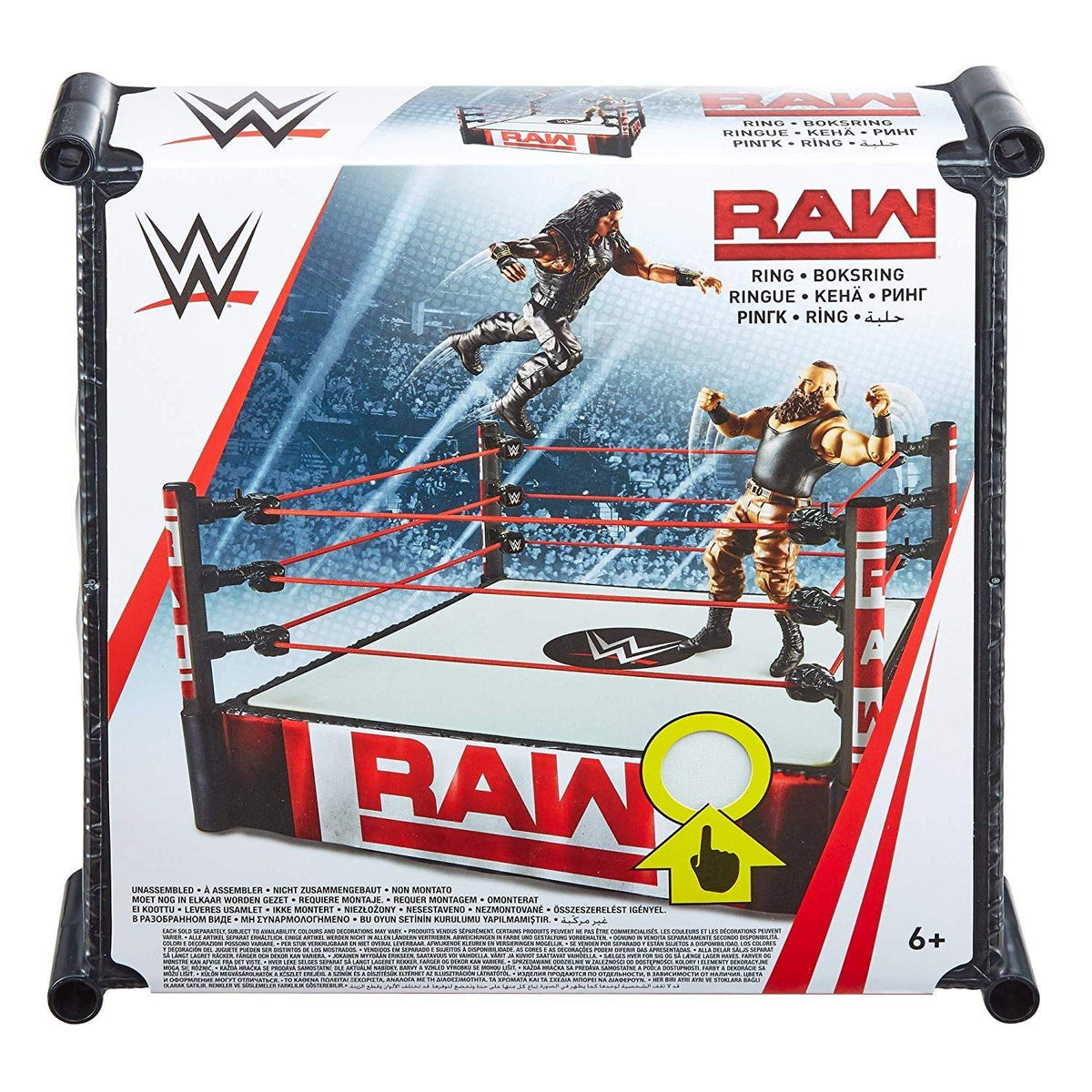 Mattel WWE Superstar Ring with authentic logo enhances play realism and display.