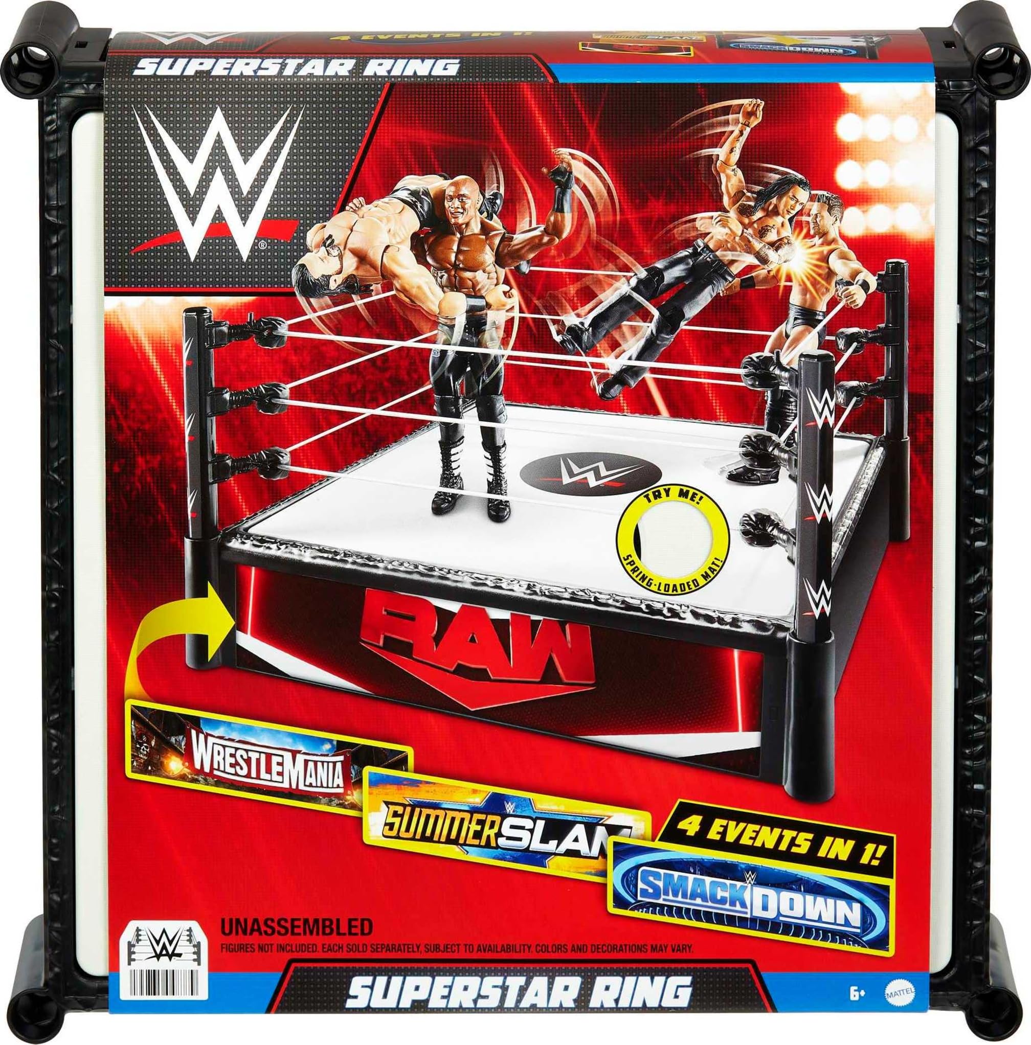 Mattel WWE Superstar Ring pro-tension ropes enable dynamic attacks.