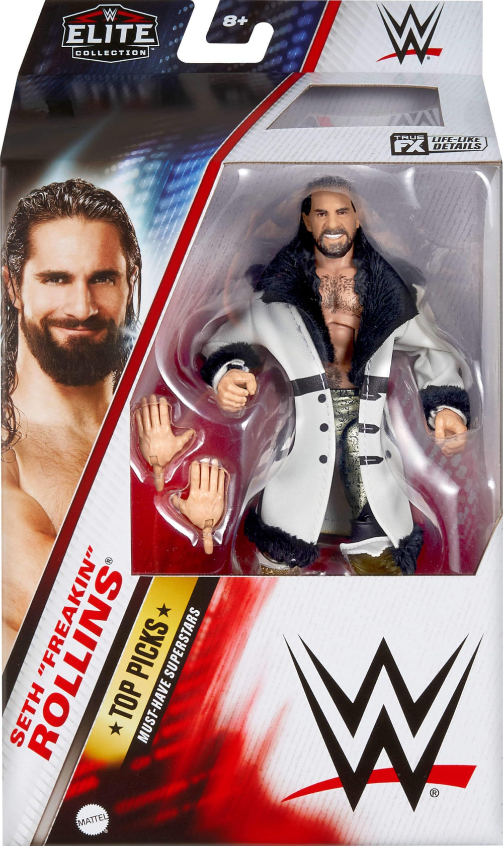 Mattel WWE Top Picks Elite Seth Rollins with swappable hands for varied actions.