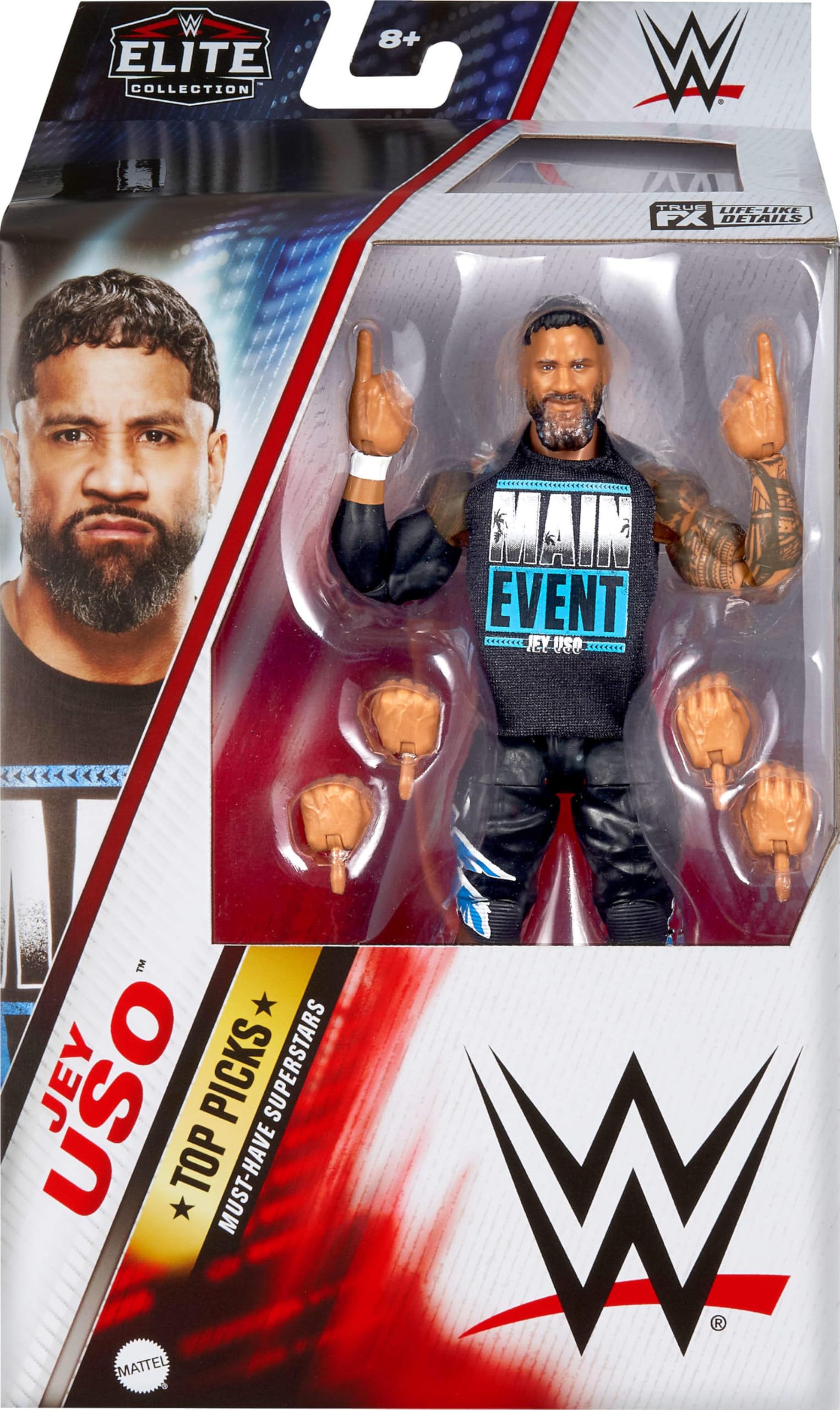 Mattel WWE Top Picks Jey Uso articulation pose shows 25 joints for dynamic posing.