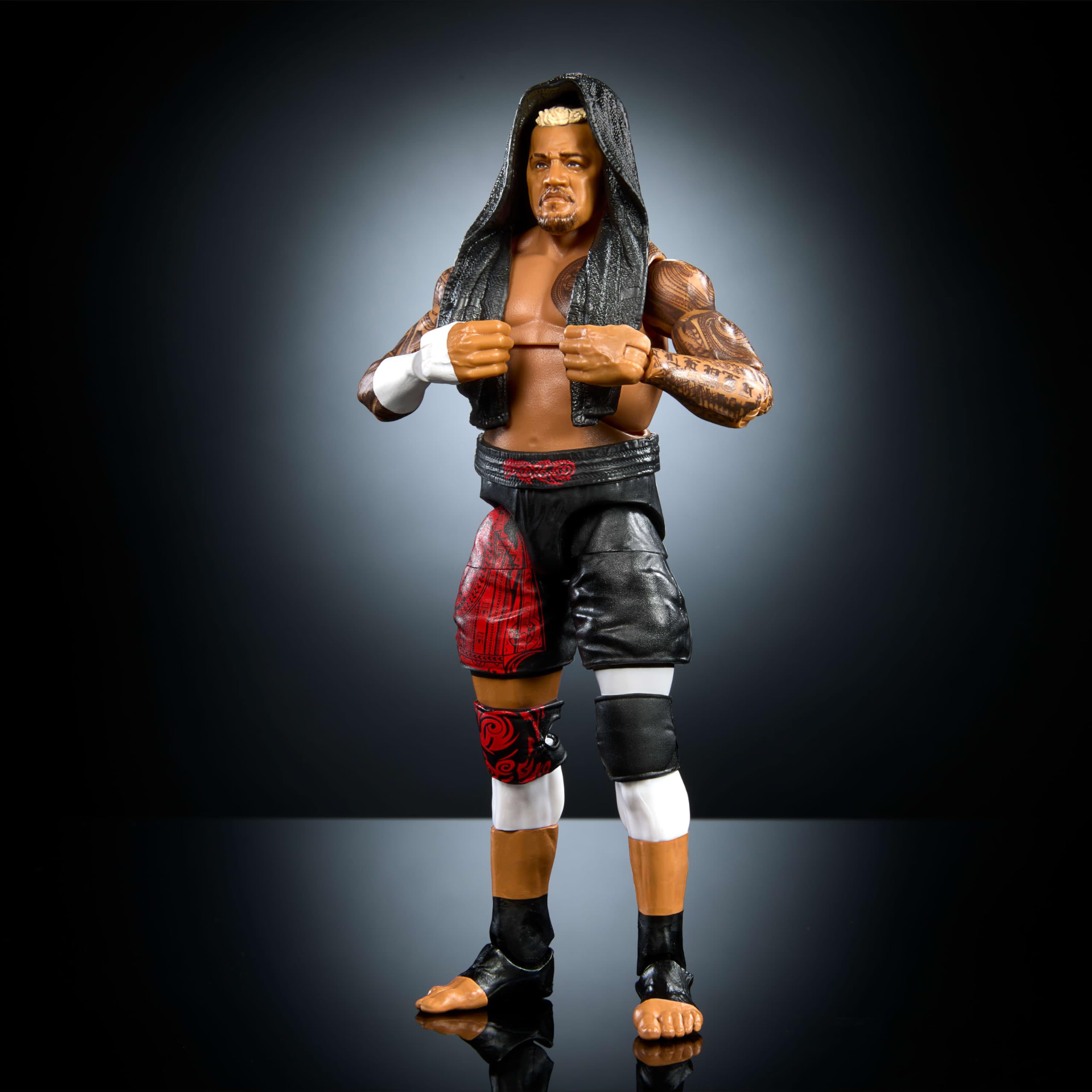 Mattel WWE Solo Sikoa close-up of the facial detailing for display-ready quality.