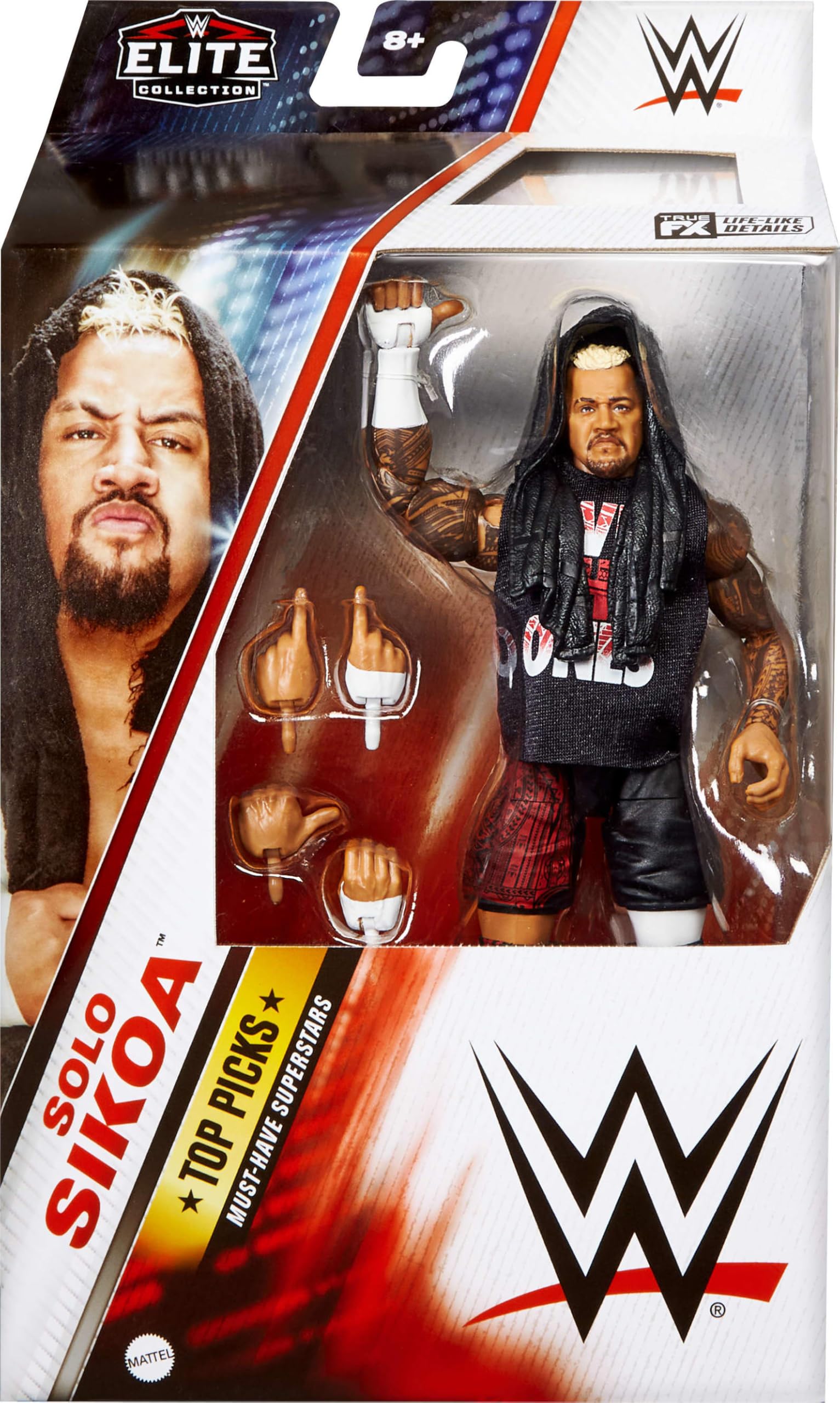 Mattel WWE Solo Sikoa figure swappable hands showcasing poseability for action scenes.