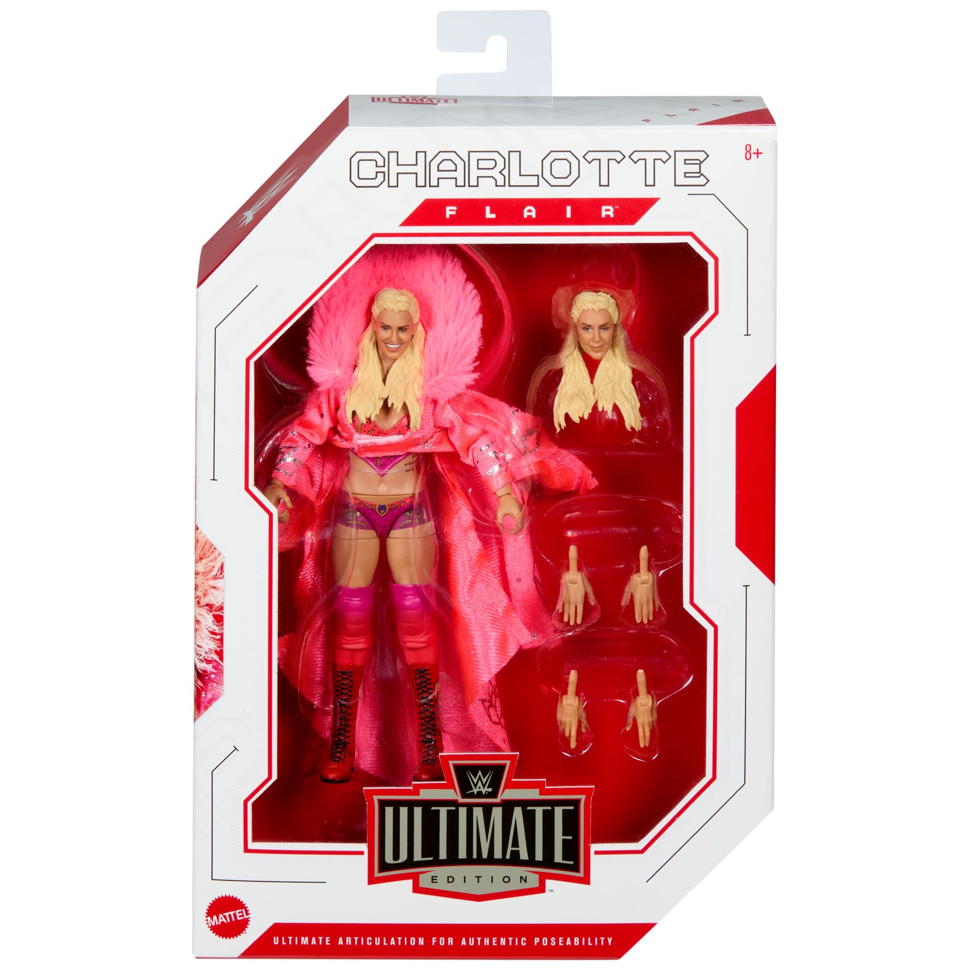 Charlotte Flair figure with swappable hands and heads for customizable poses and play.