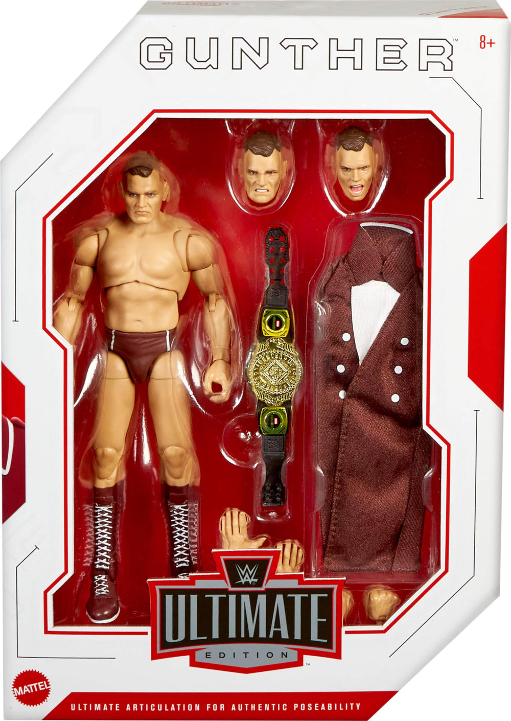 Mattel WWE Gunther Ultimate Edition swappable heads close-up highlighting expressive options