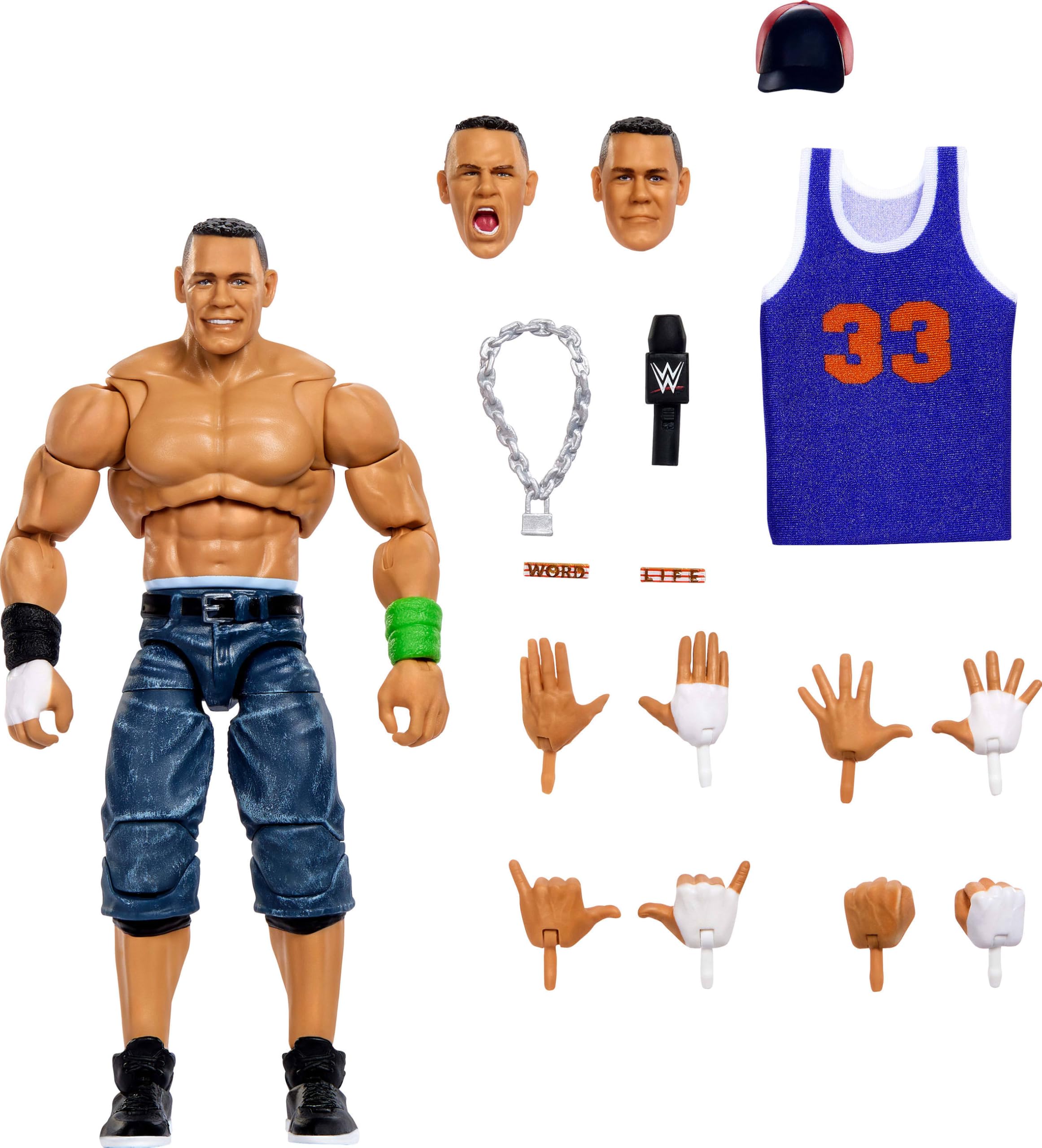 Mattel WWE John Cena figure with lifelike detail for dynamic posing and display.
