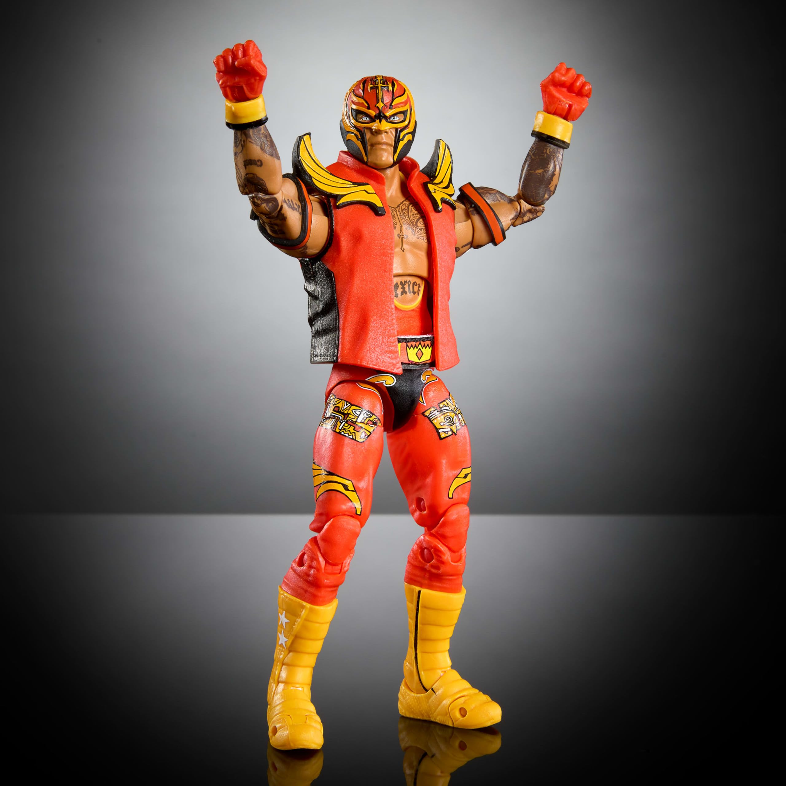 Authentic Rey Mysterio ring gear enhances display appeal and collectability.