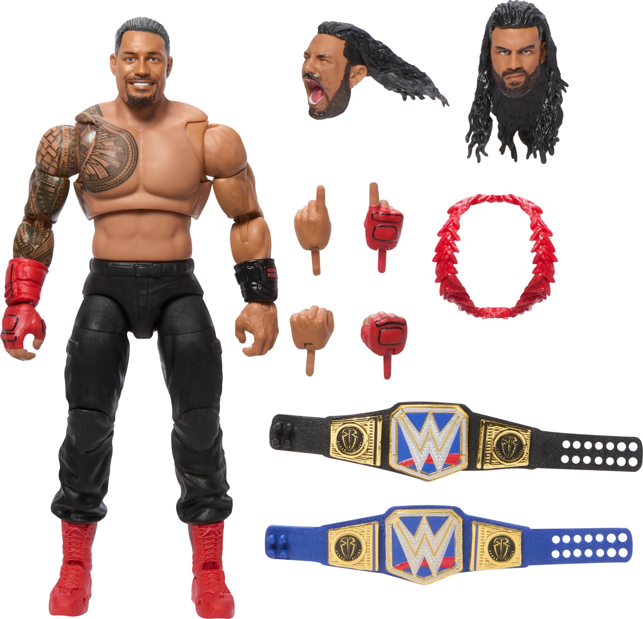 Mattel WWE Ultimate Edition Roman Reigns figure with swappable heads and hands for versatile poses.