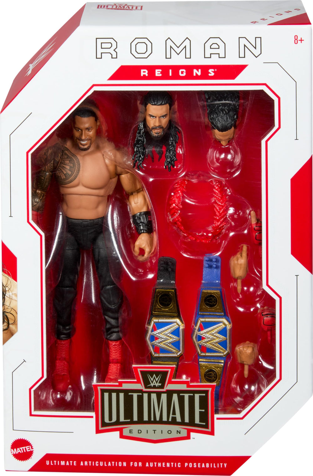 Roman Reigns figure showing interchangeable heads and hands for dynamic display.