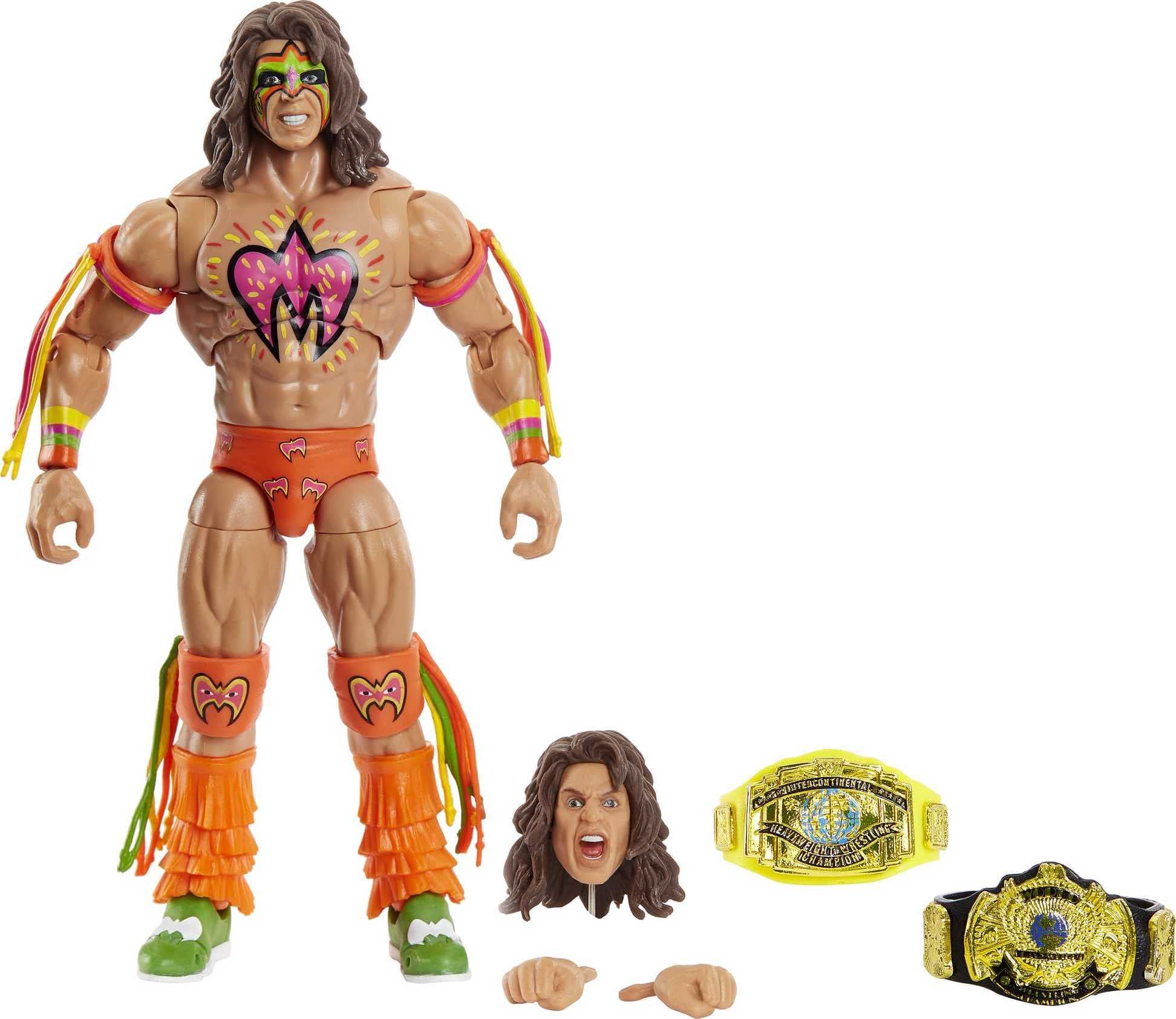 Mattel WWE Ultimate Warrior figure in authentic entrance gear for dramatic posing.