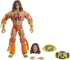 Mattel WWE Ultimate Warrior figure in authentic entrance gear for dramatic posing.