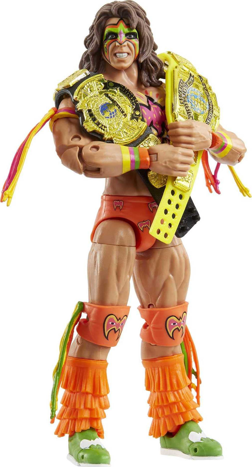 Mattel WWE Ultimate Warrior figure with extra head for customizable display options.