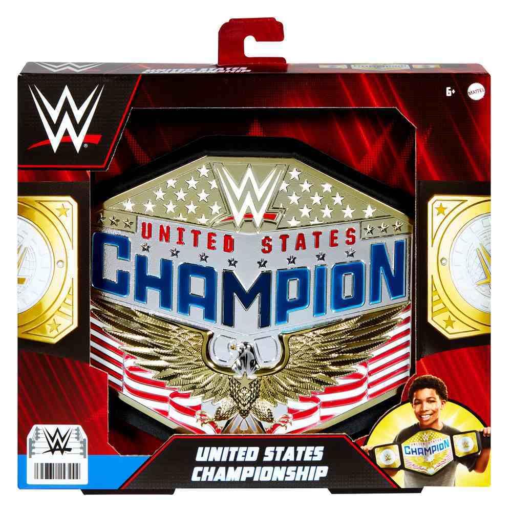 Mattel WWE United States Championship belt front view showing authentic styling for role-play