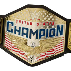 Mattel WWE United States Championship belt close-up on metallic medallions and premium detailing