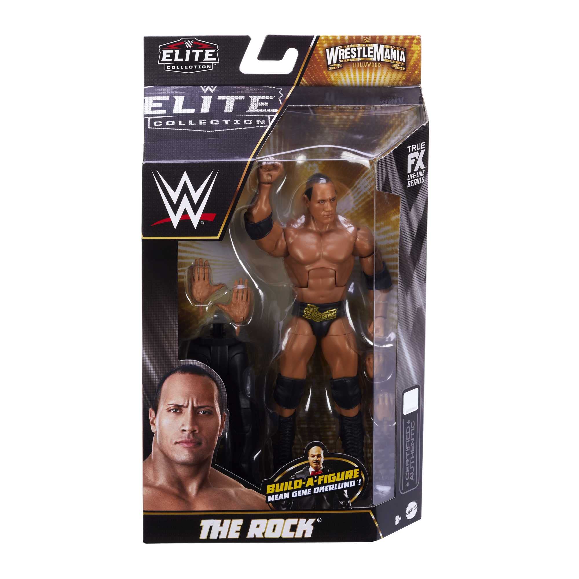Mattel WWE WrestleMania Elite packaging and accessories support dramatic wrestling moments.