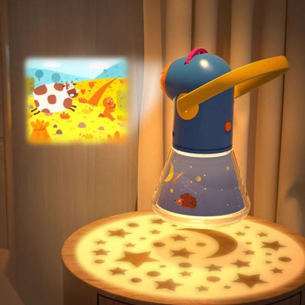 Matteobenni Kids Story Projector lit, illustrating scenes for imaginative bedtime storytelling.